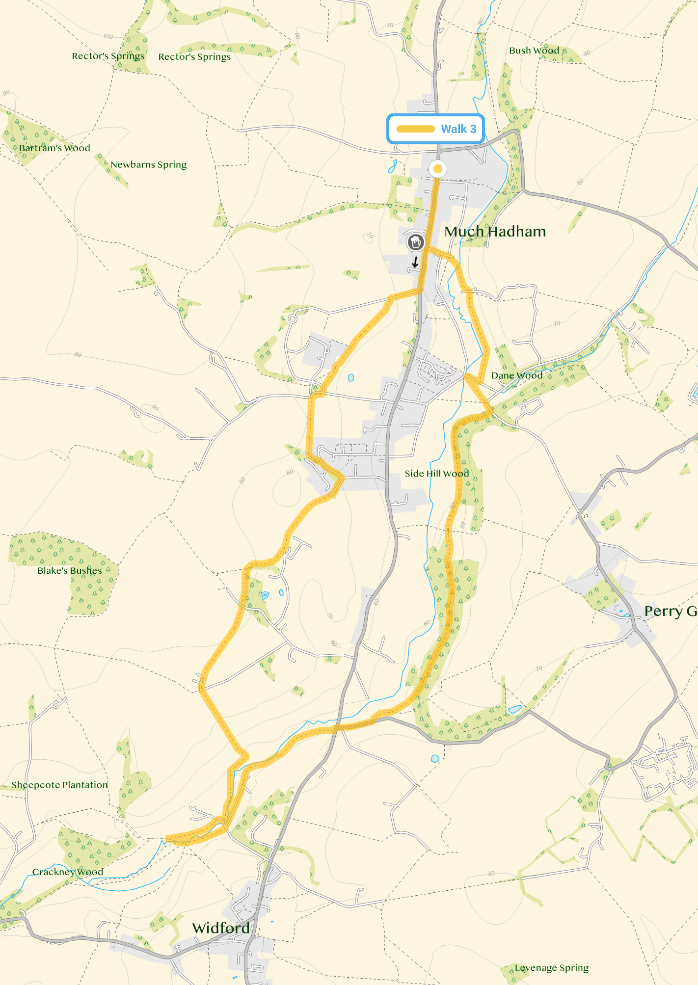 Route map for Much Hadham Walk 3, a 5.5 mile circular walk in Hertfordshire