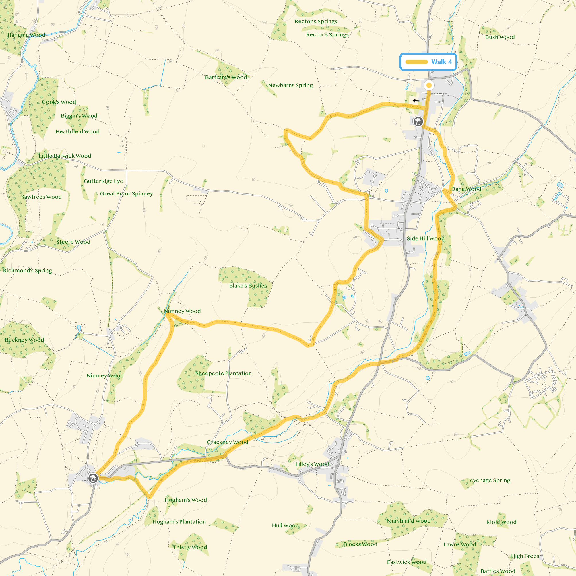 Route map for Much Hadham Walk 4, a 9.75 mile circular walk in Hertfordshire