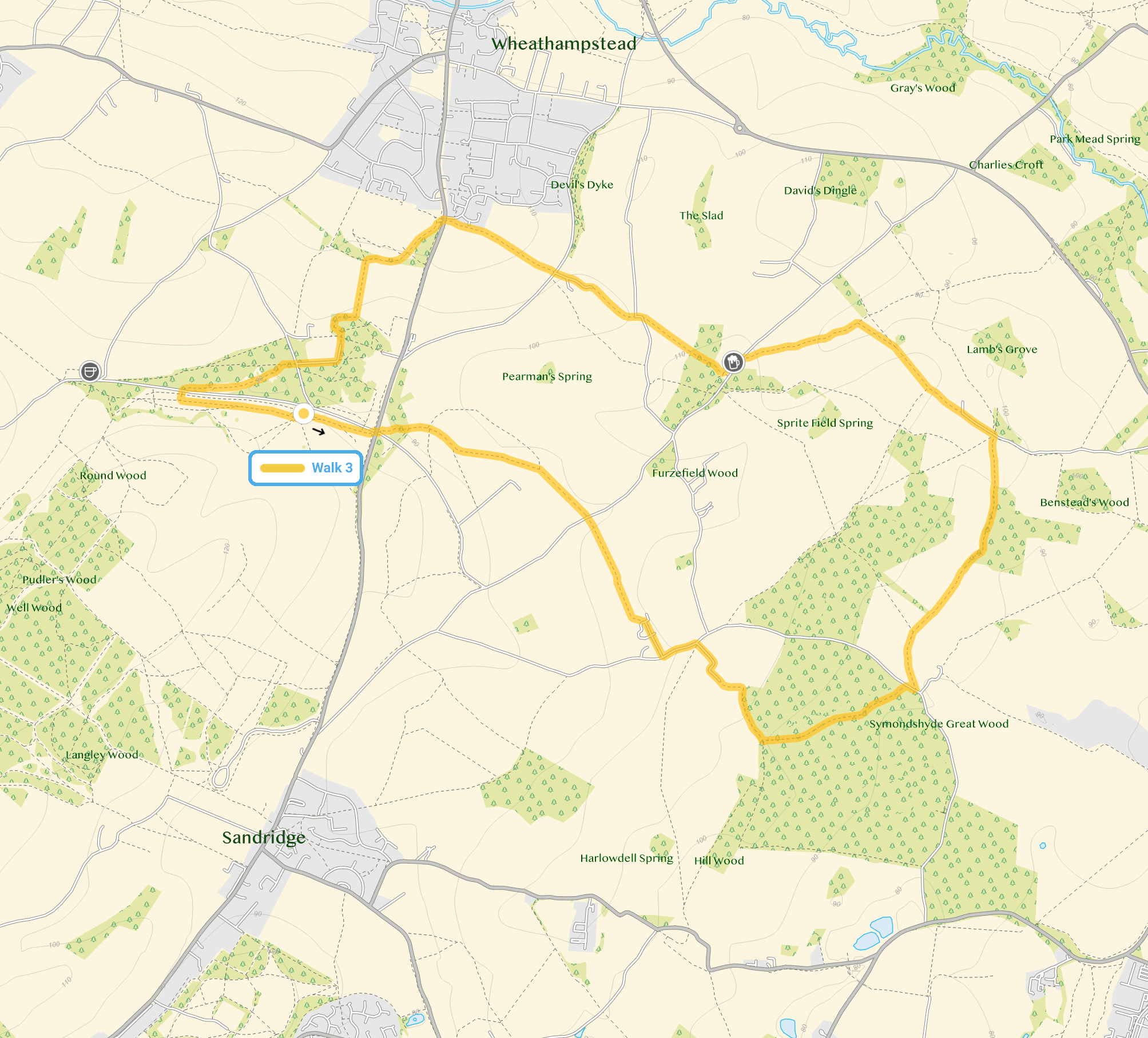 Route map for Nomansland Common Walk 3, a 6.25 mile circular walk in Hertfordshire