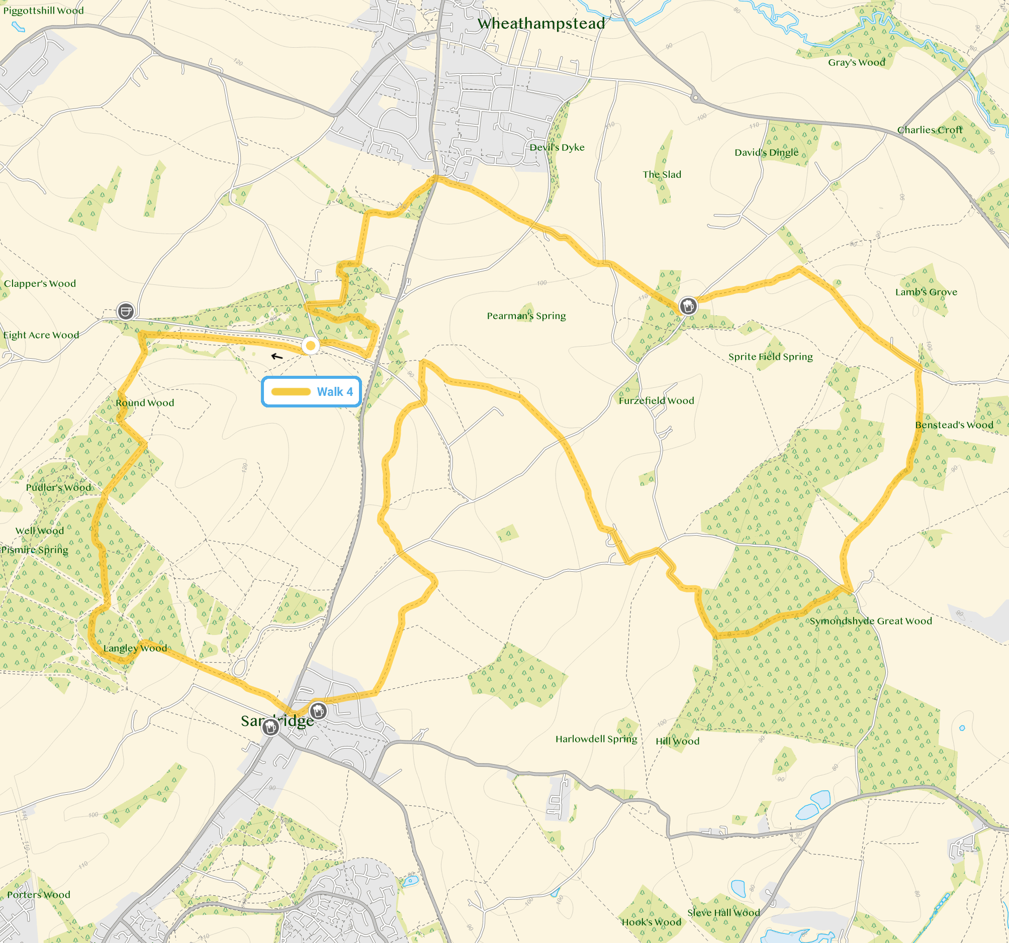 Route map for Nomansland Common Walk 4, a 9.5 mile circular walk in Hertfordshire
