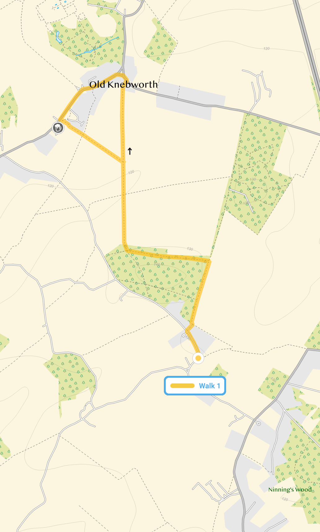 Route map for Old Knebworth Walk 1, a 2.5 mile circular walk in Hertfordshire