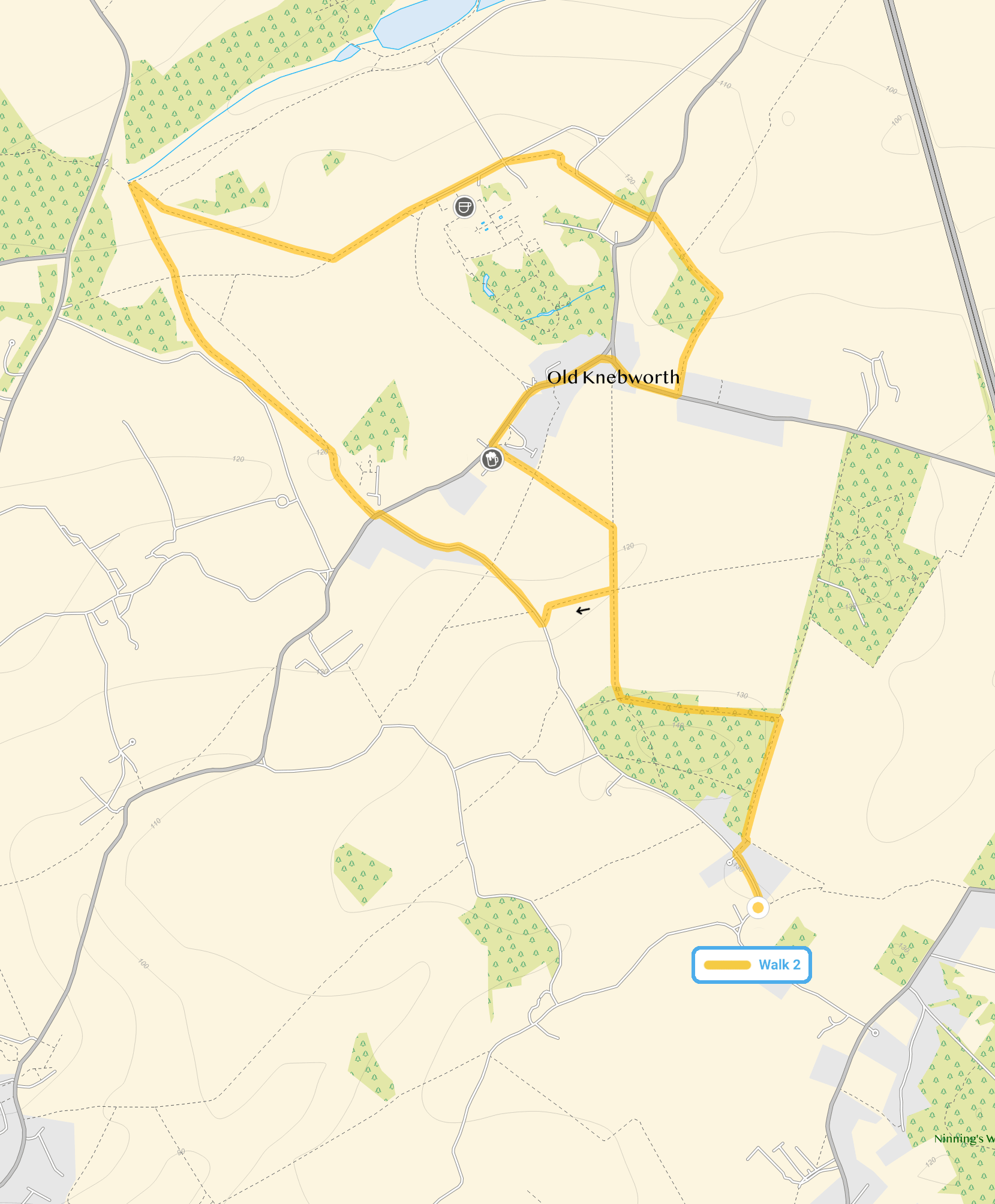 Route map for Old Knebworth Walk 2, a 4.5 mile circular walk in Hertfordshire