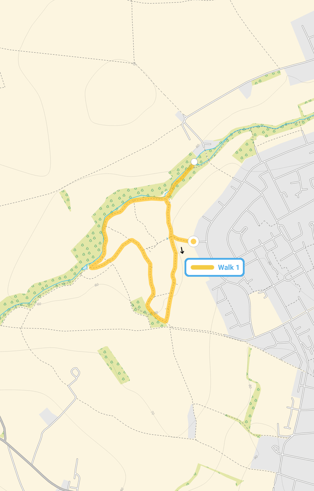 Route map for Oughtonhead Common Walk 1, a 1.5 mile circular walk in Hertfordshire