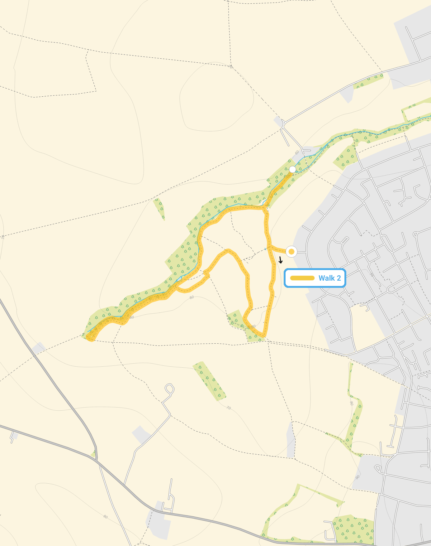 Route map for Oughtonhead Common Walk 2, a 2.25 mile circular walk in Hertfordshire