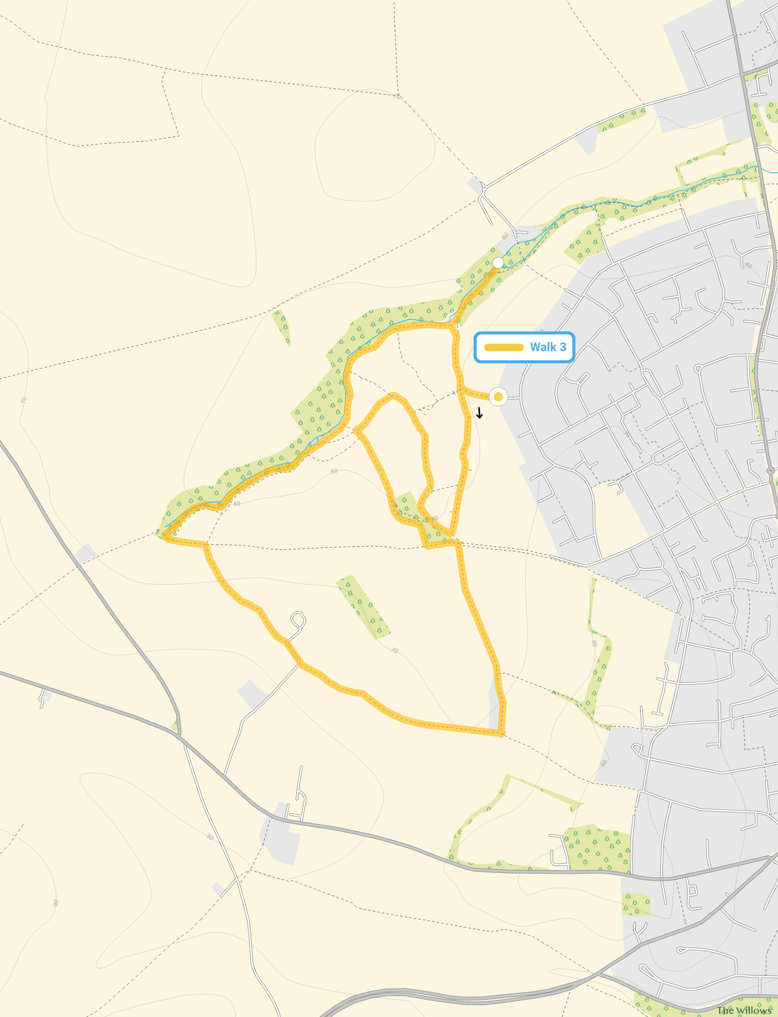 Route map for Oughtonhead Common Walk 3, a 3.25 mile circular walk in Hertfordshire