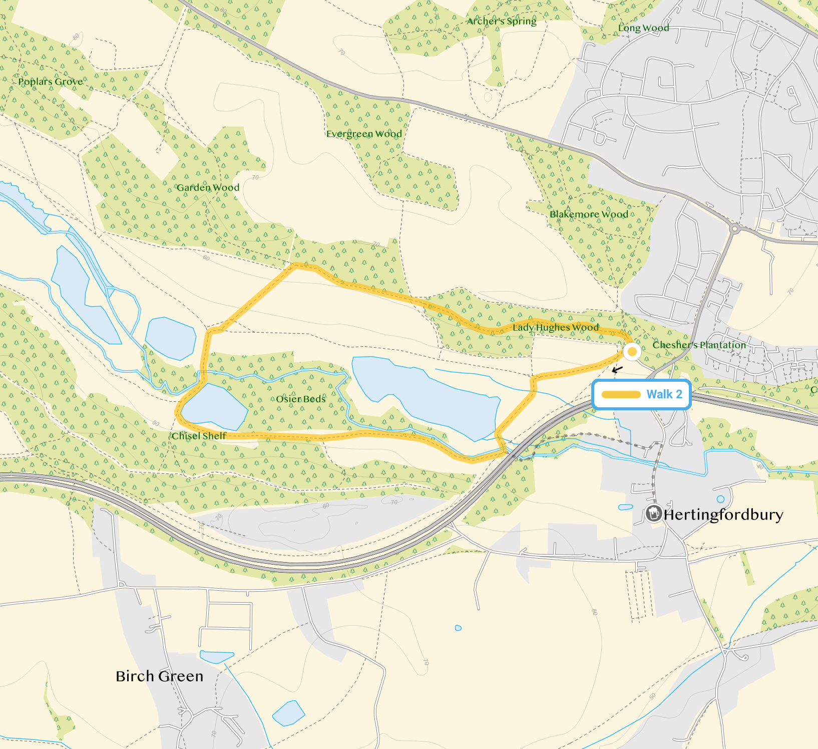 Route map for Panshanger Park Walk 2, a 2 mile circular walk in Hertfordshire