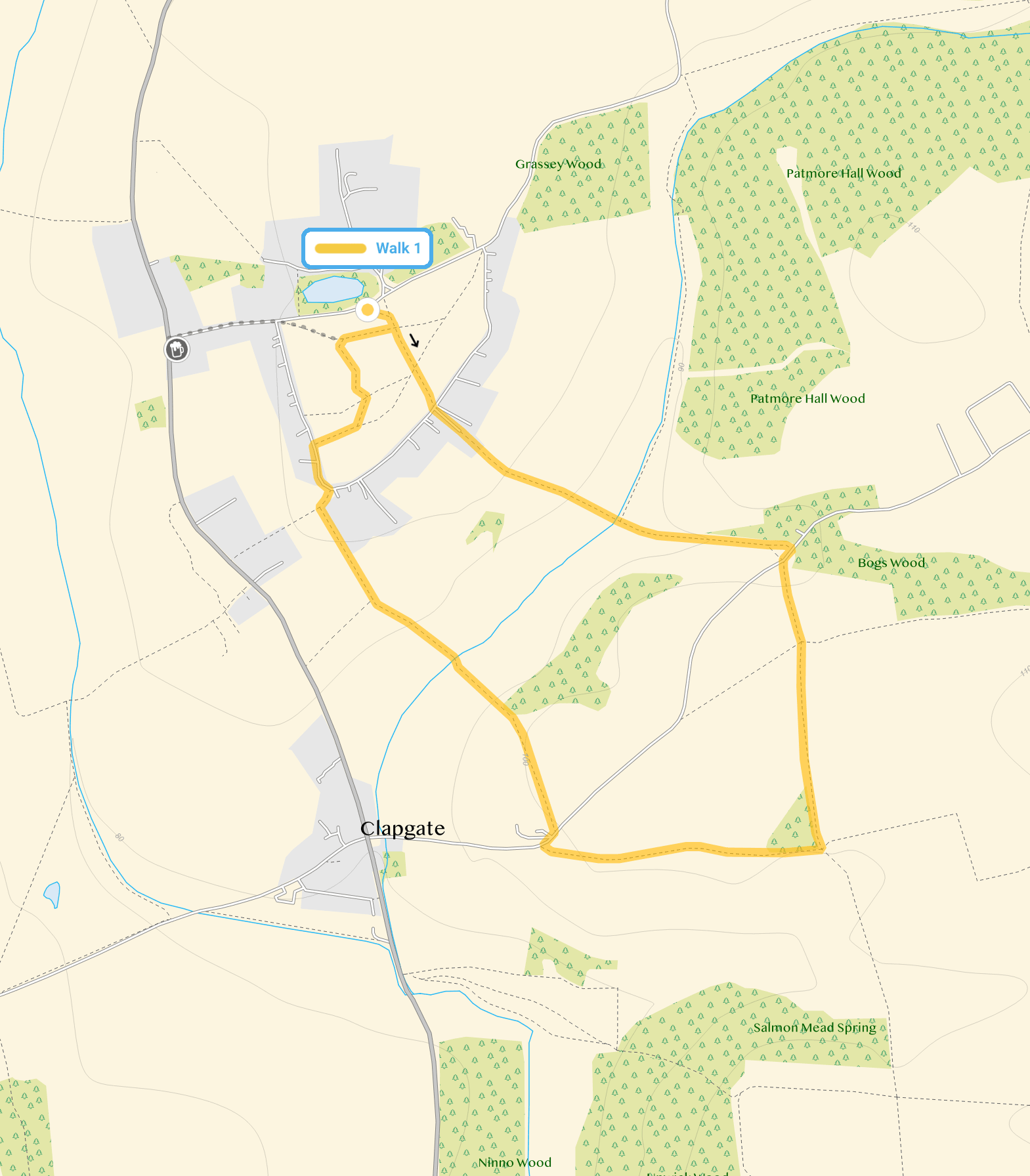 Route map for Patmore Heath Walk 1, a 1.75 mile circular walk in Hertfordshire
