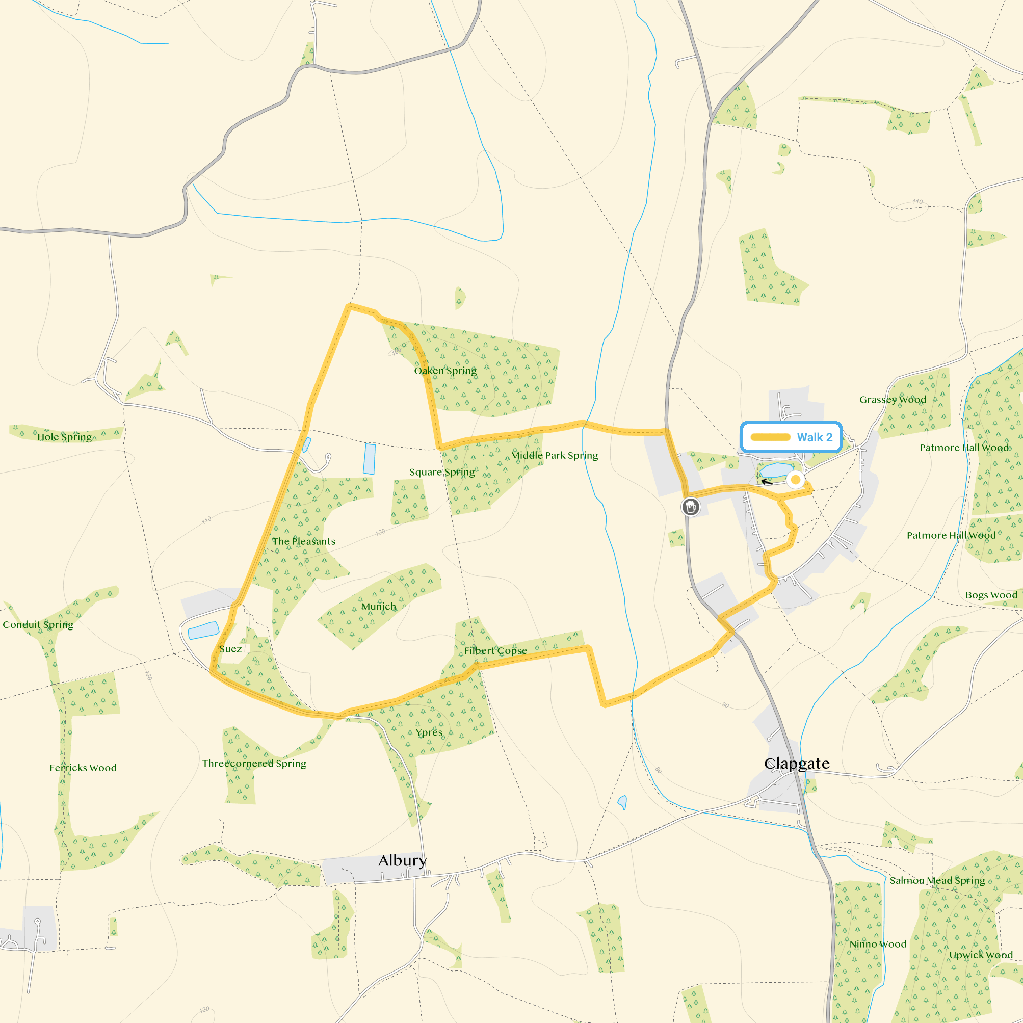 Route map for Patmore Heath Walk 2, a 3.5 mile circular walk in Hertfordshire