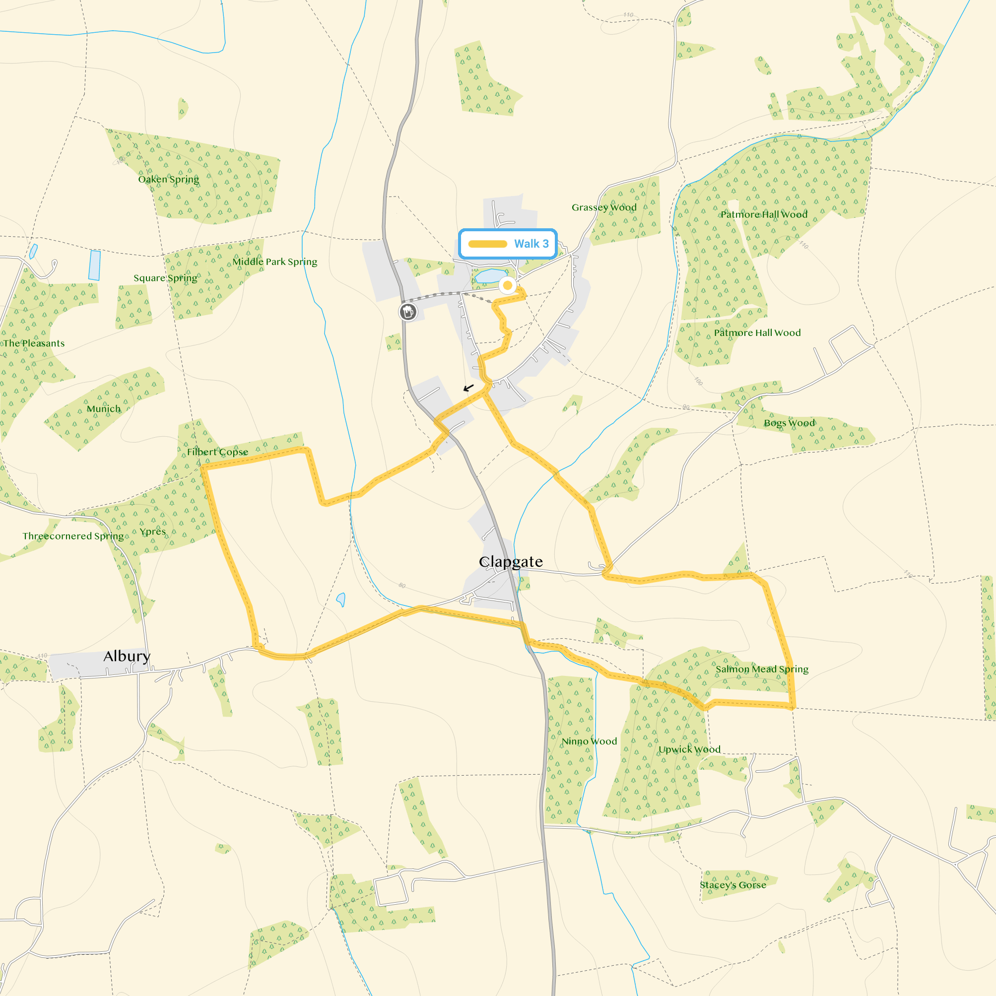 Route map for Patmore Heath Walk 3, a 3.75 mile circular walk in Hertfordshire