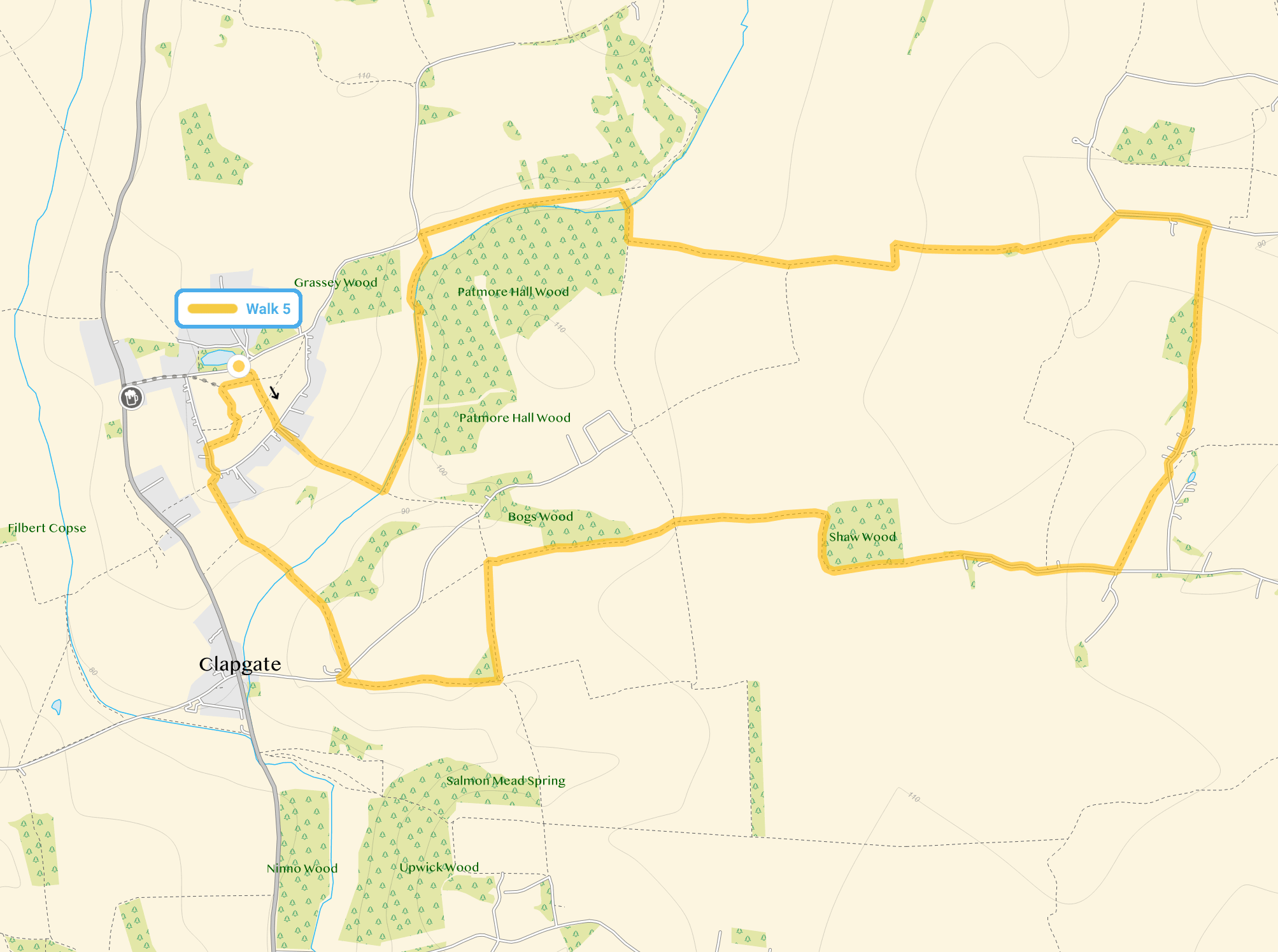 Route map for Patmore Heath Walk 5, a 5.25 mile circular walk in Hertfordshire