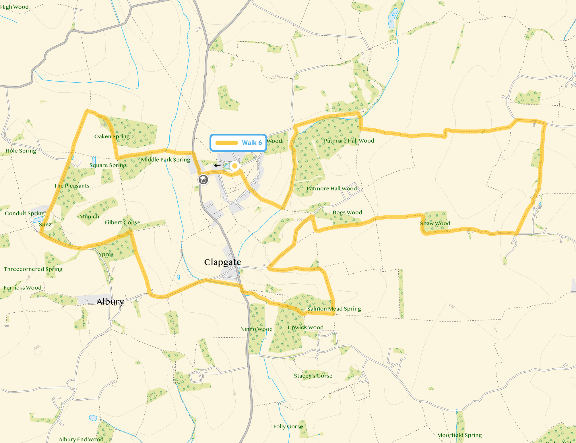 Route map for Patmore Heath Walk 6, a 9 mile circular walk in Hertfordshire