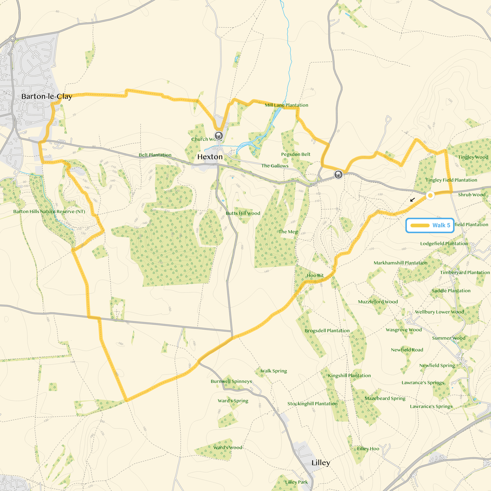 Route map for Pegsdon Hills Walk 5, a 10.25 mile circular walk in Hertfordshire