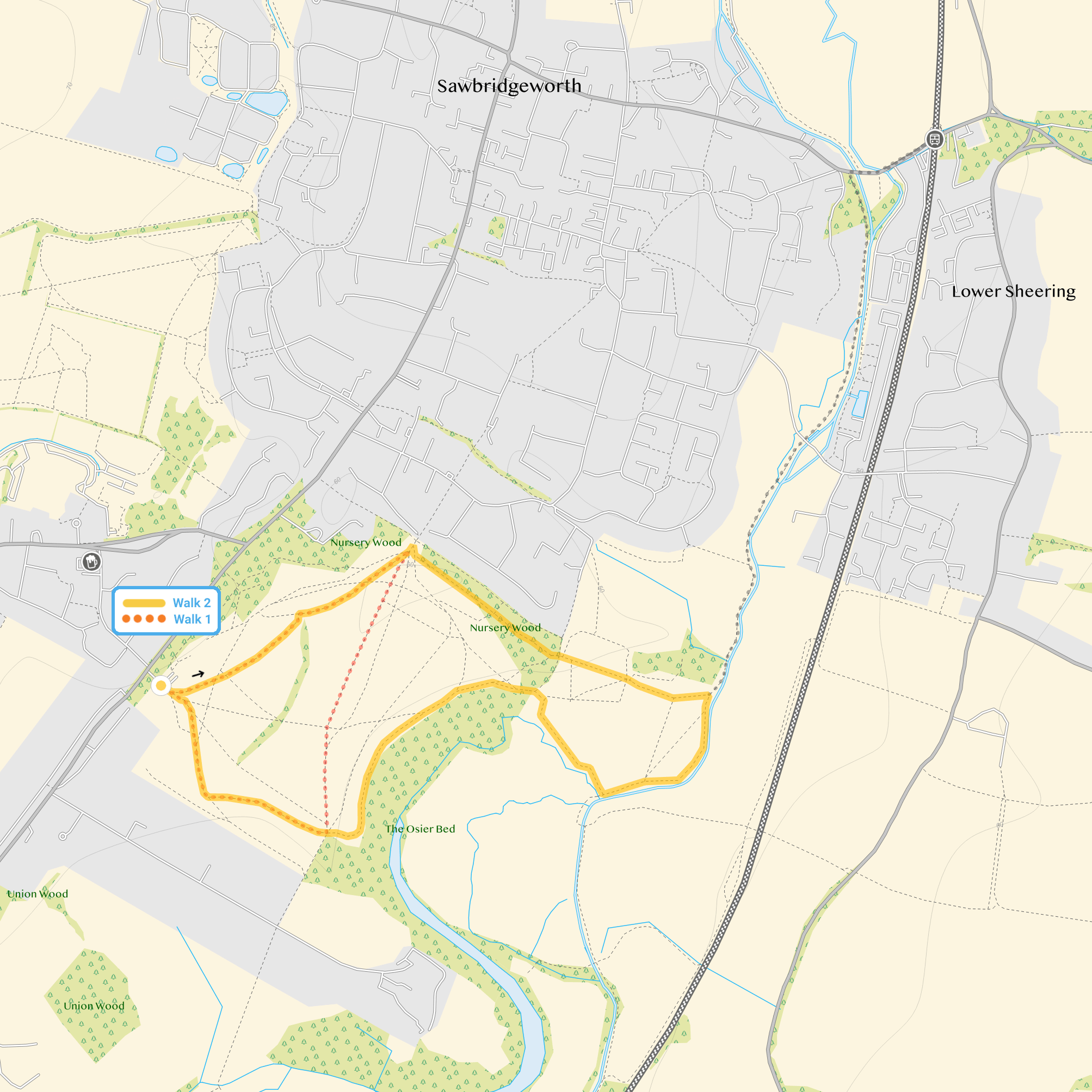 Route map for Walk 1, a 1 mile circular walk in Hertfordshire