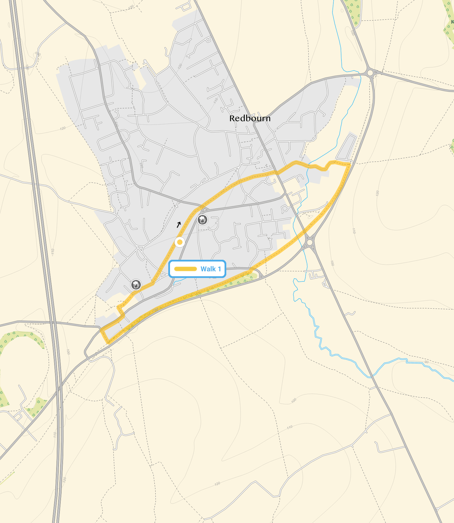 Route map for Redbourn Walk 1, a 2 mile circular walk in Hertfordshire