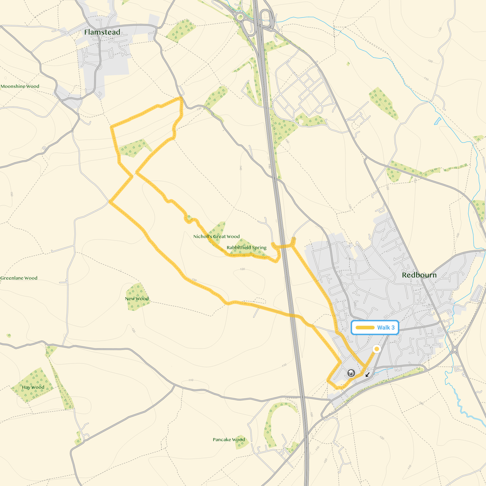 Route map for Redbourn Walk 3, a 5.75 mile circular walk in Hertfordshire