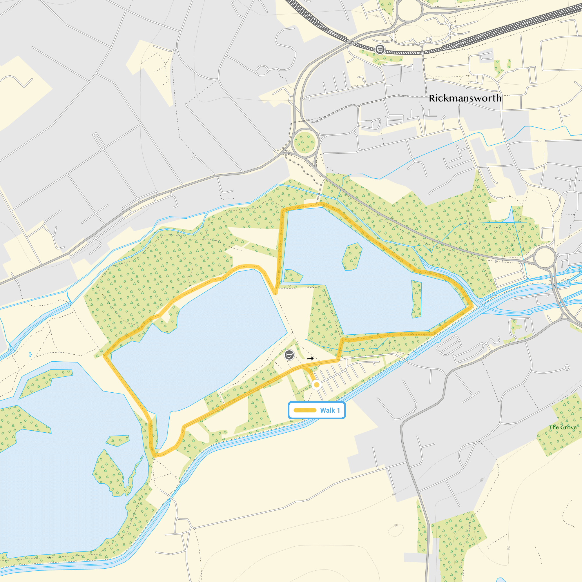 Route map for Rickmansworth Walk 1, a 1.75 mile circular walk in Hertfordshire