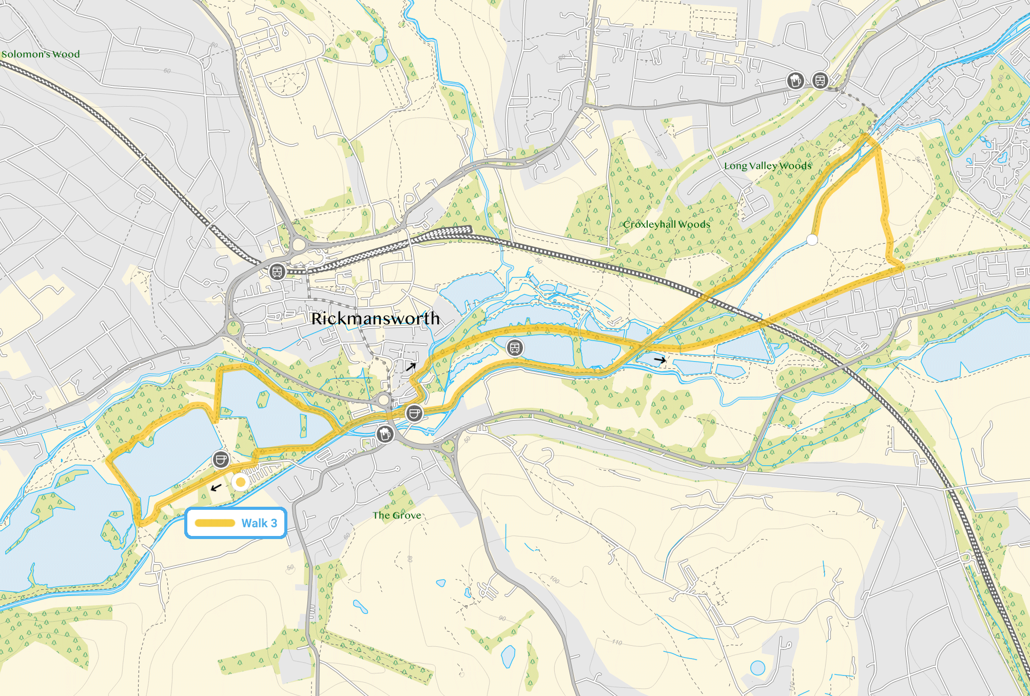 Route map for Rickmansworth Walk 3, a 6 mile circular walk in Hertfordshire