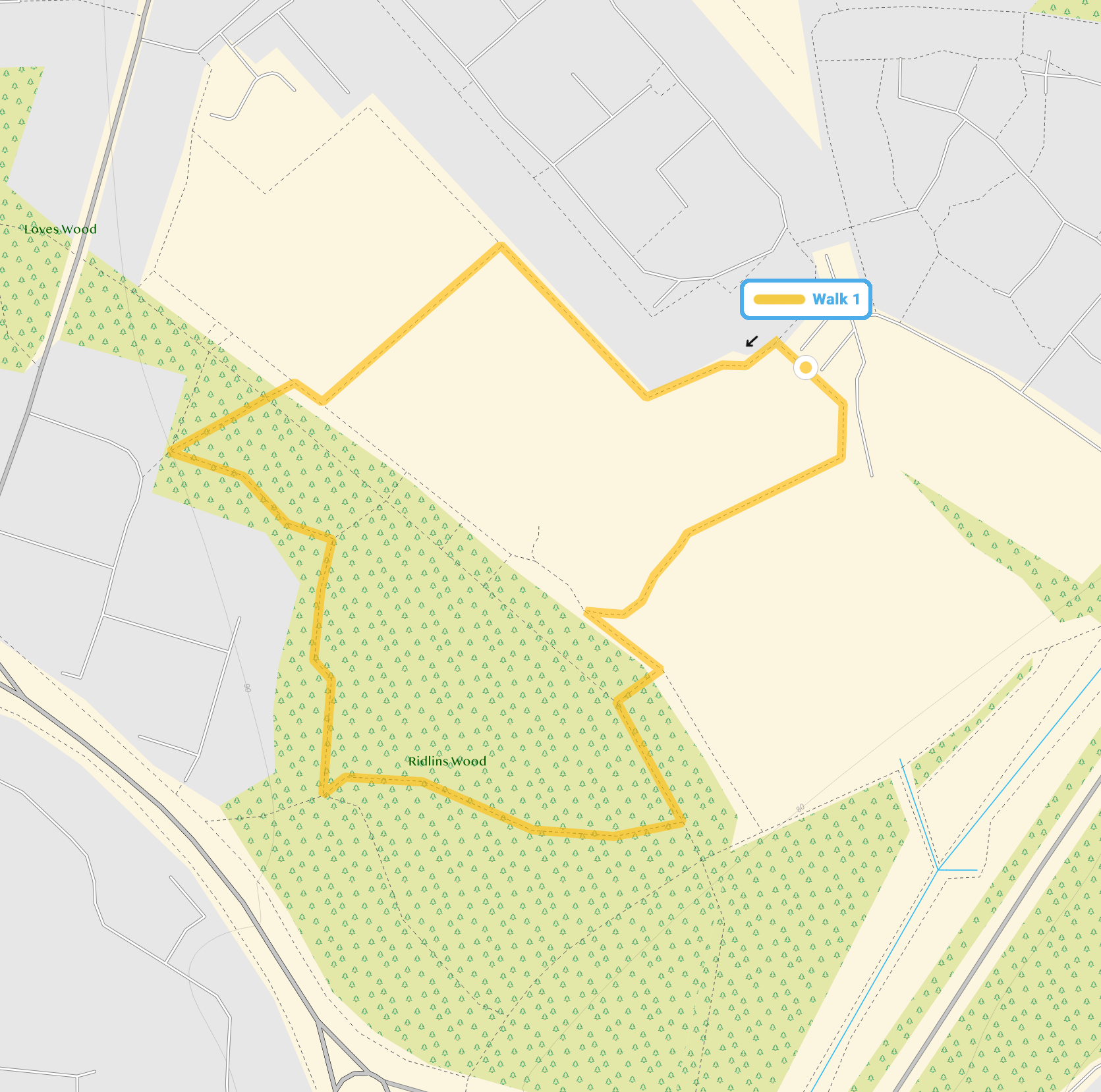 Route map for Ridlins Woods Walk, a 0.75 mile circular walk in Hertfordshire