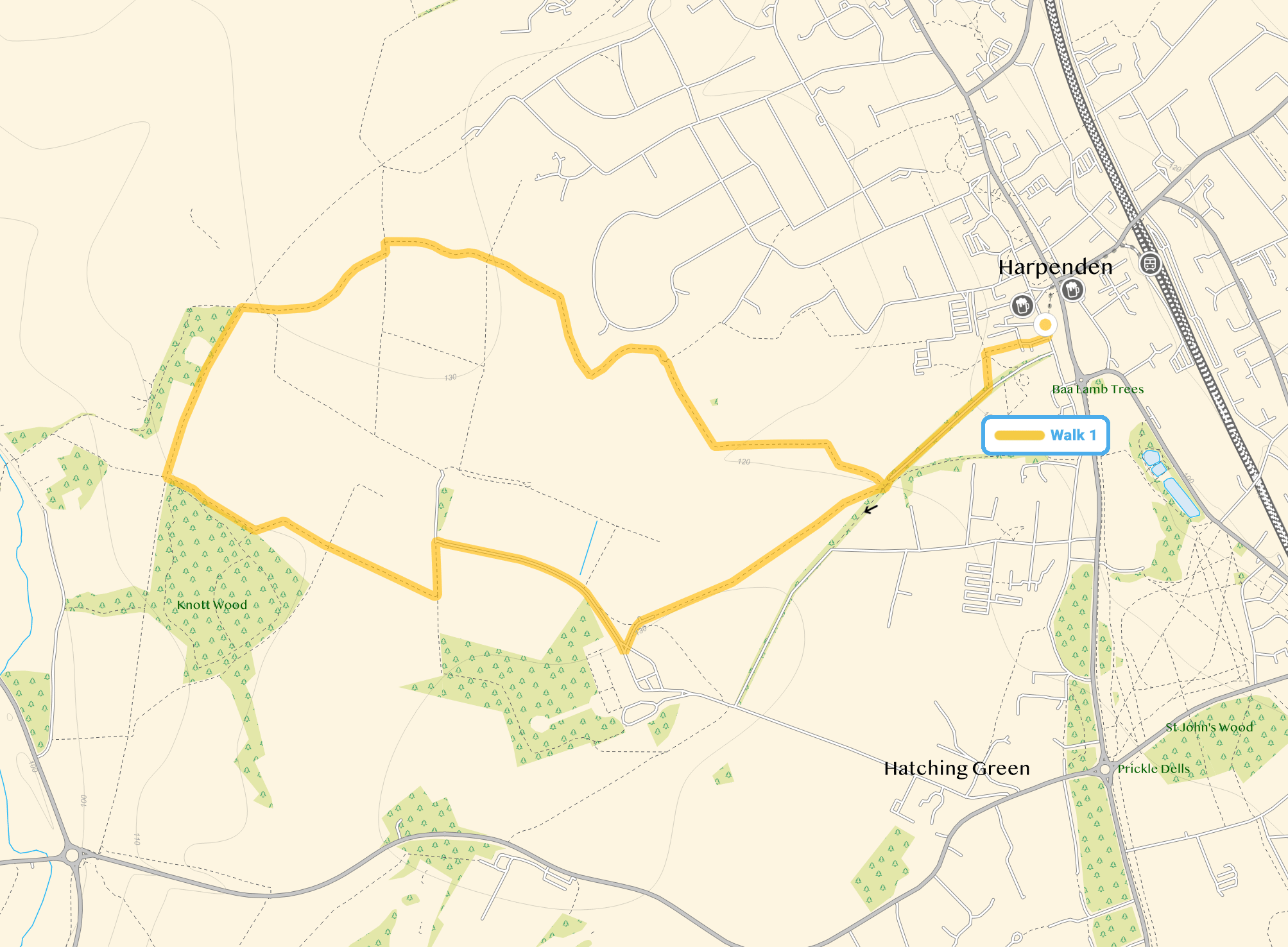 Route map for Rothamstead Park Walk, a 3.5 mile circular walk in Hertfordshire