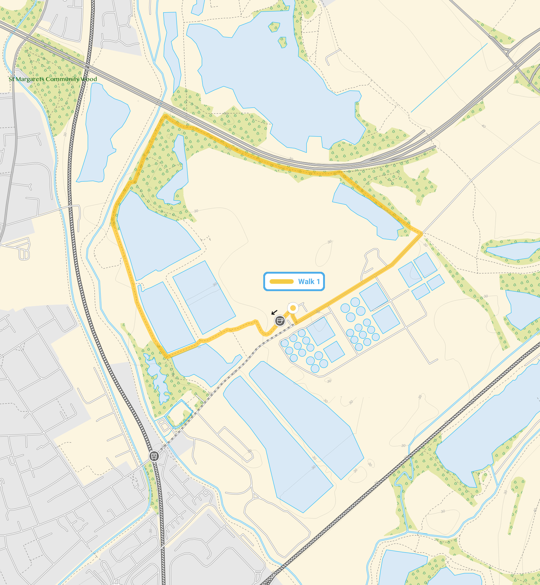 Route map for Rye Meads Nature Reserve Walk, a 1.75 mile circular walk in Hertfordshire