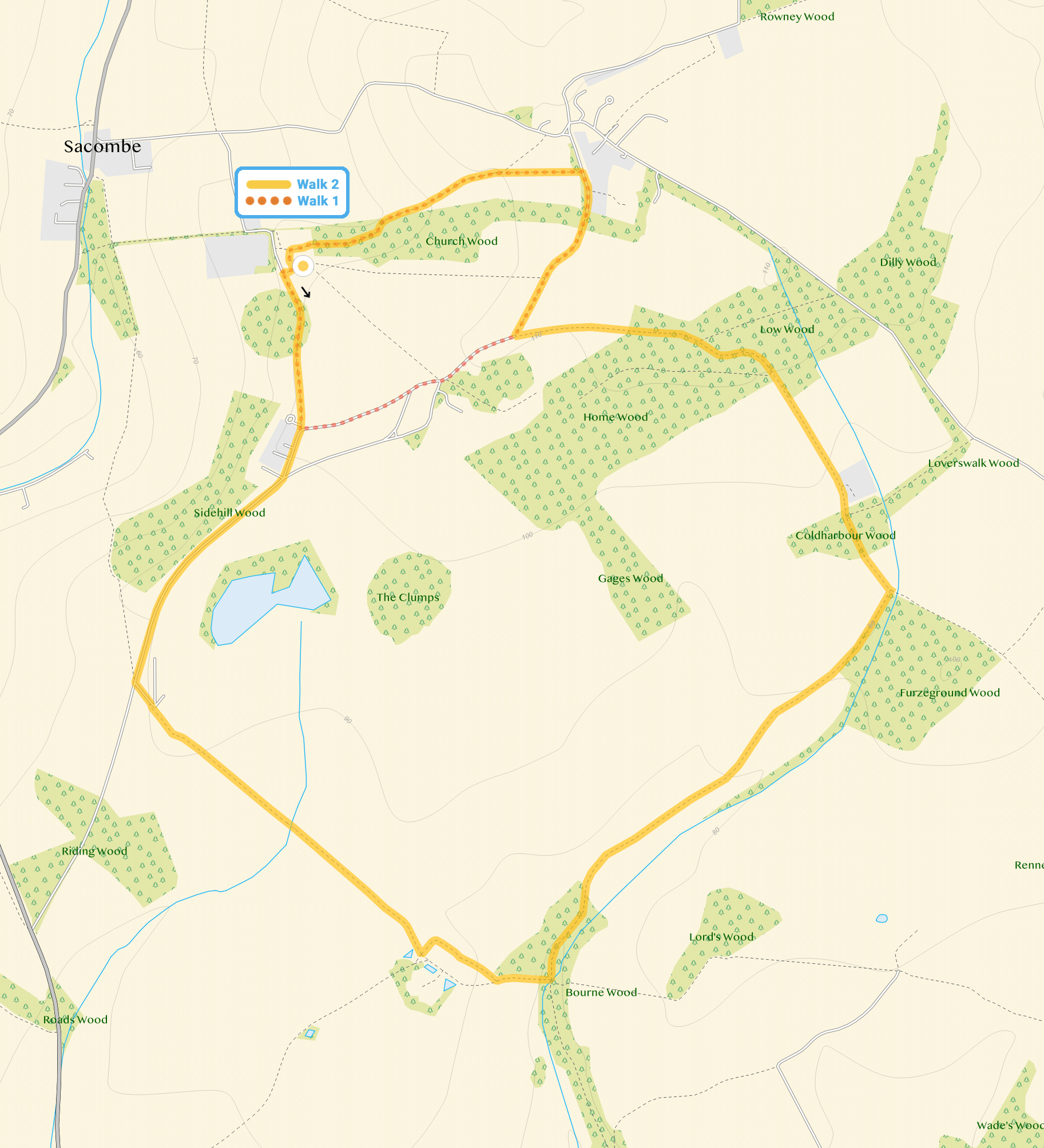 Route map for Sacombe Walk 1, a 1.25 mile circular walk in Hertfordshire