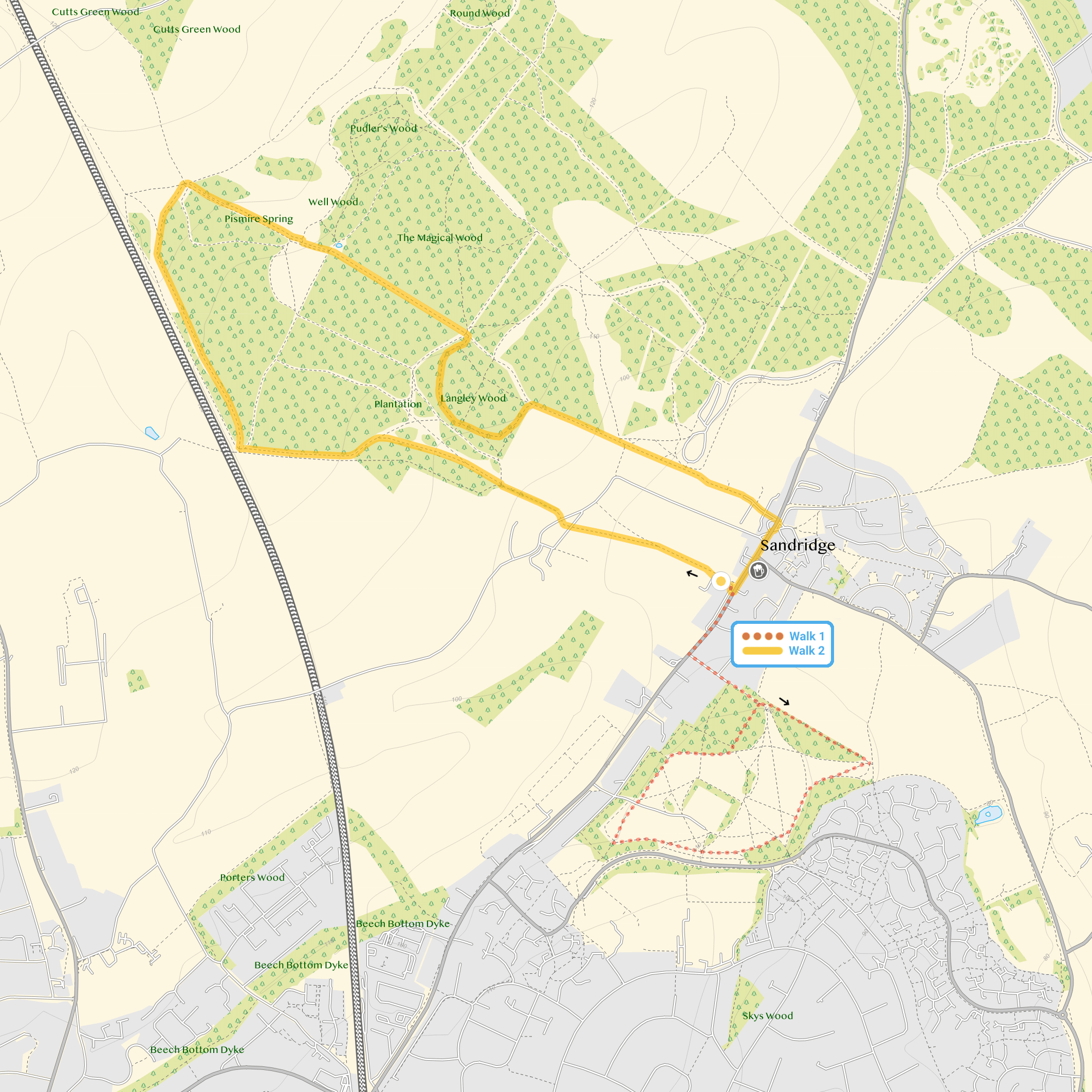 Route map for Sandridge Walk 1, a 1.5 mile circular walk in Hertfordshire