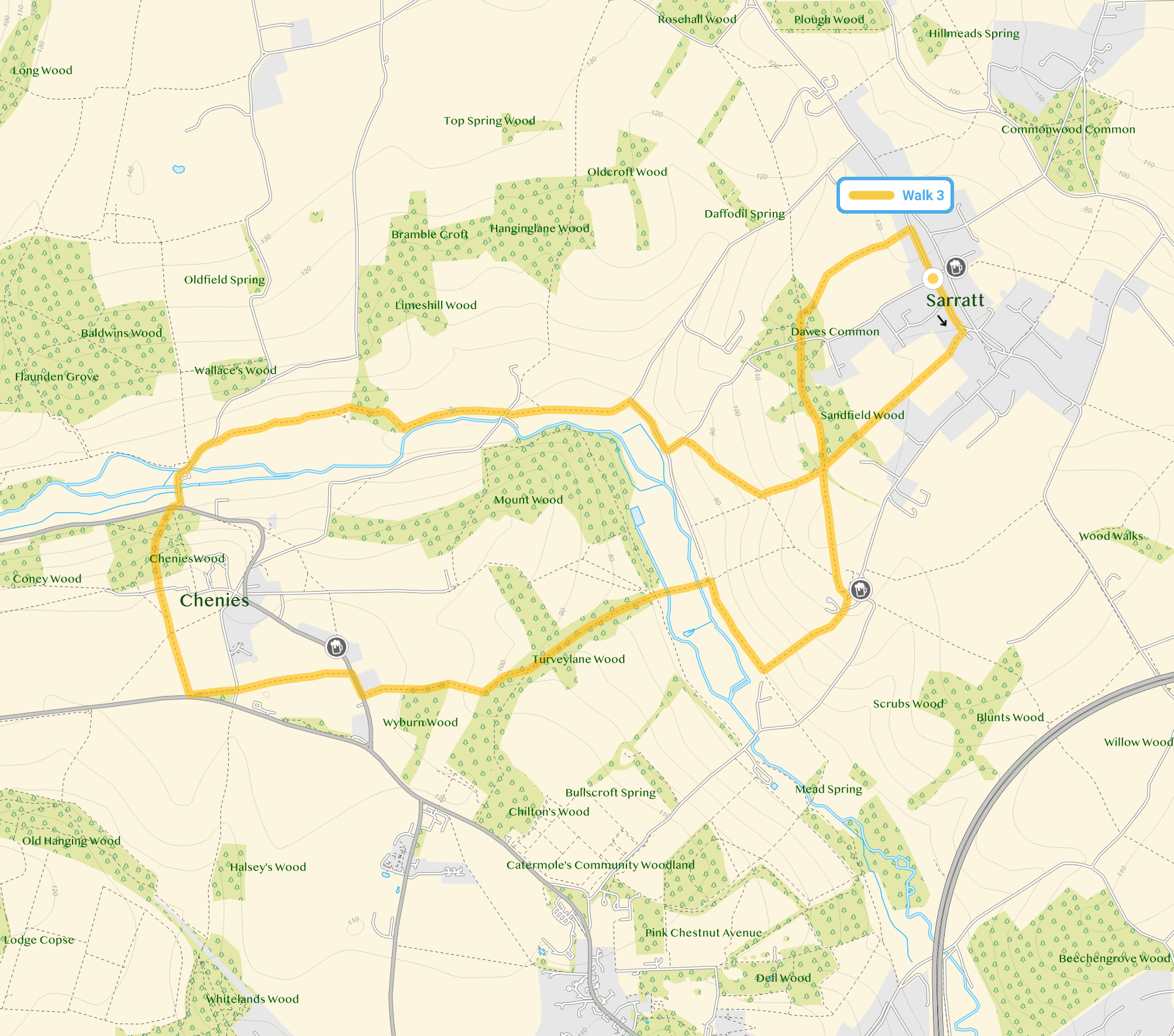 Route map for Sarratt Walk 3, a 5.75 mile circular walk in Hertfordshire
