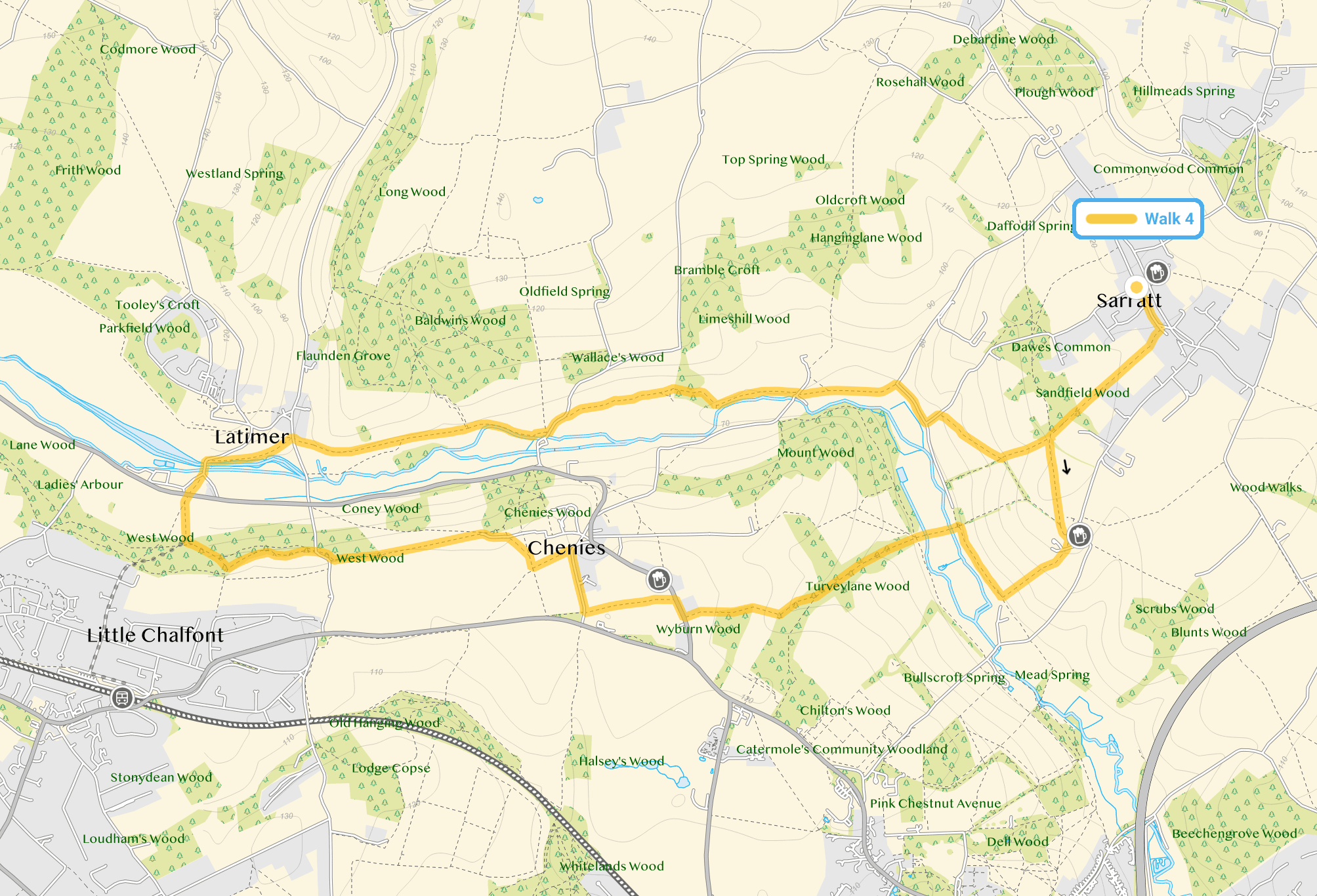 Route map for Sarratt Walk 4, a 7.5 mile circular walk in Hertfordshire