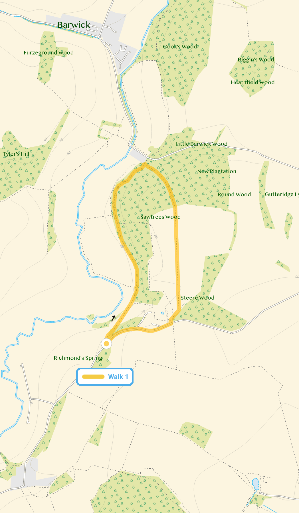 Route map for Sawtrees Woods Walk 1, a 1.5 mile circular walk in Hertfordshire