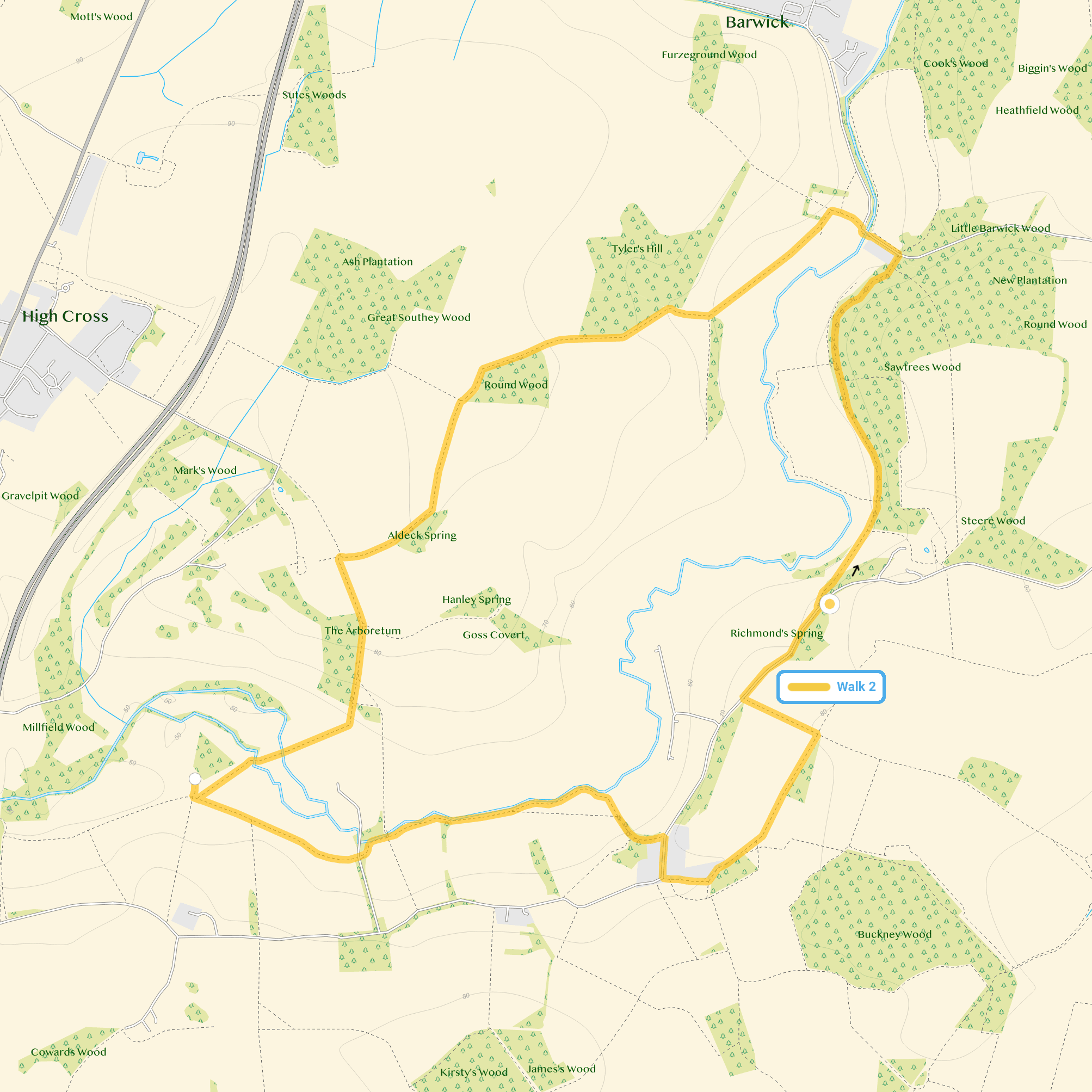 Route map for Sawtrees Woods Walk 2, a 4.25 mile circular walk in Hertfordshire