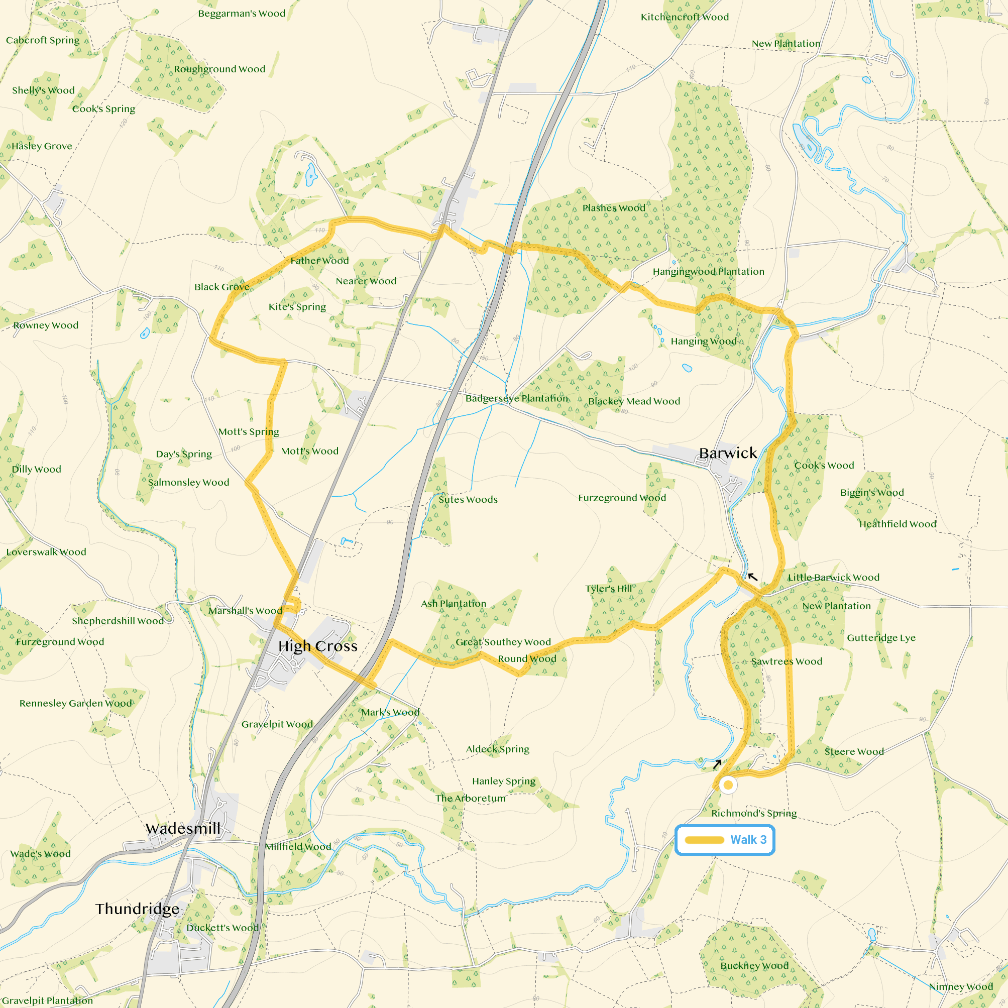 Route map for Sawtrees Woods Walk 3, a 7.75 mile circular walk in Hertfordshire