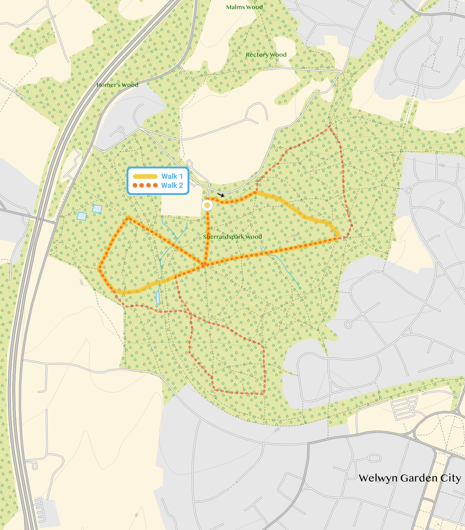 Route map for Sherrardspark Wood Walk 1, a 1.25 mile circular walk in Hertfordshire