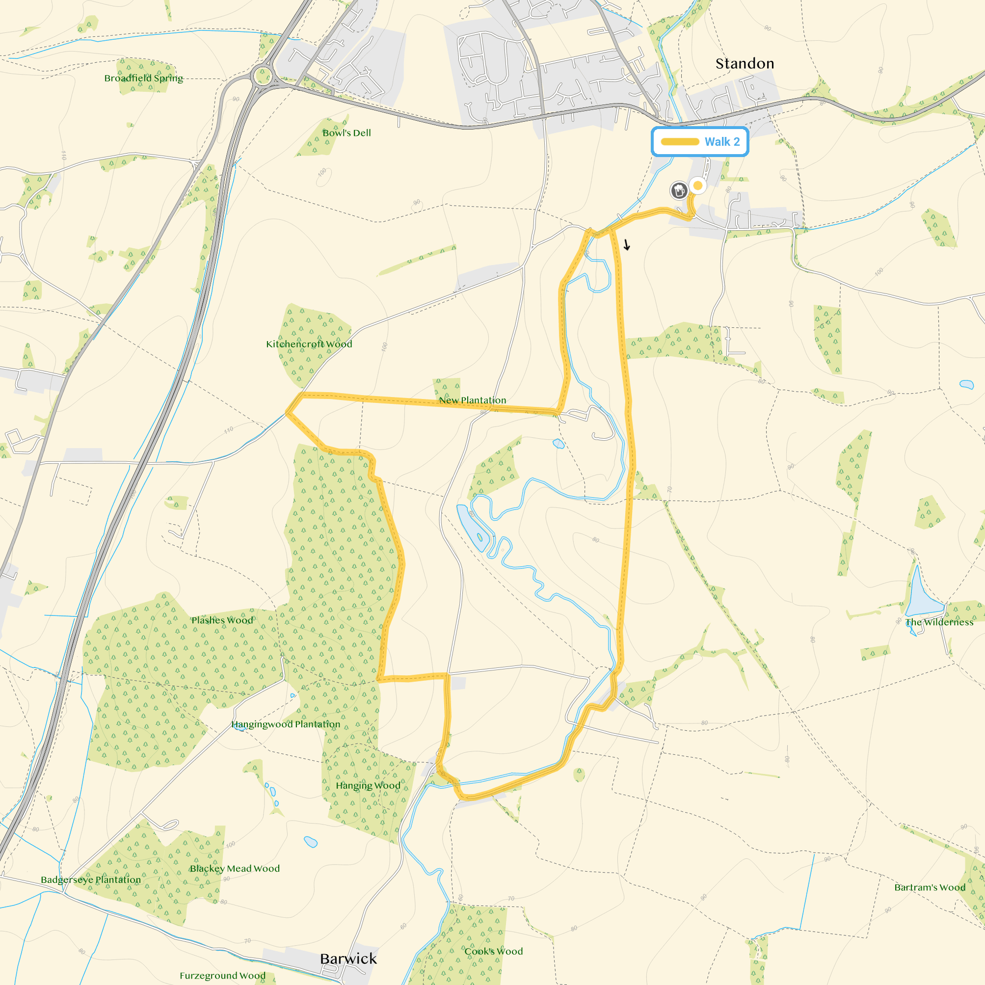 Route map for Standon Walk 2, a 4.25 mile circular walk in Hertfordshire