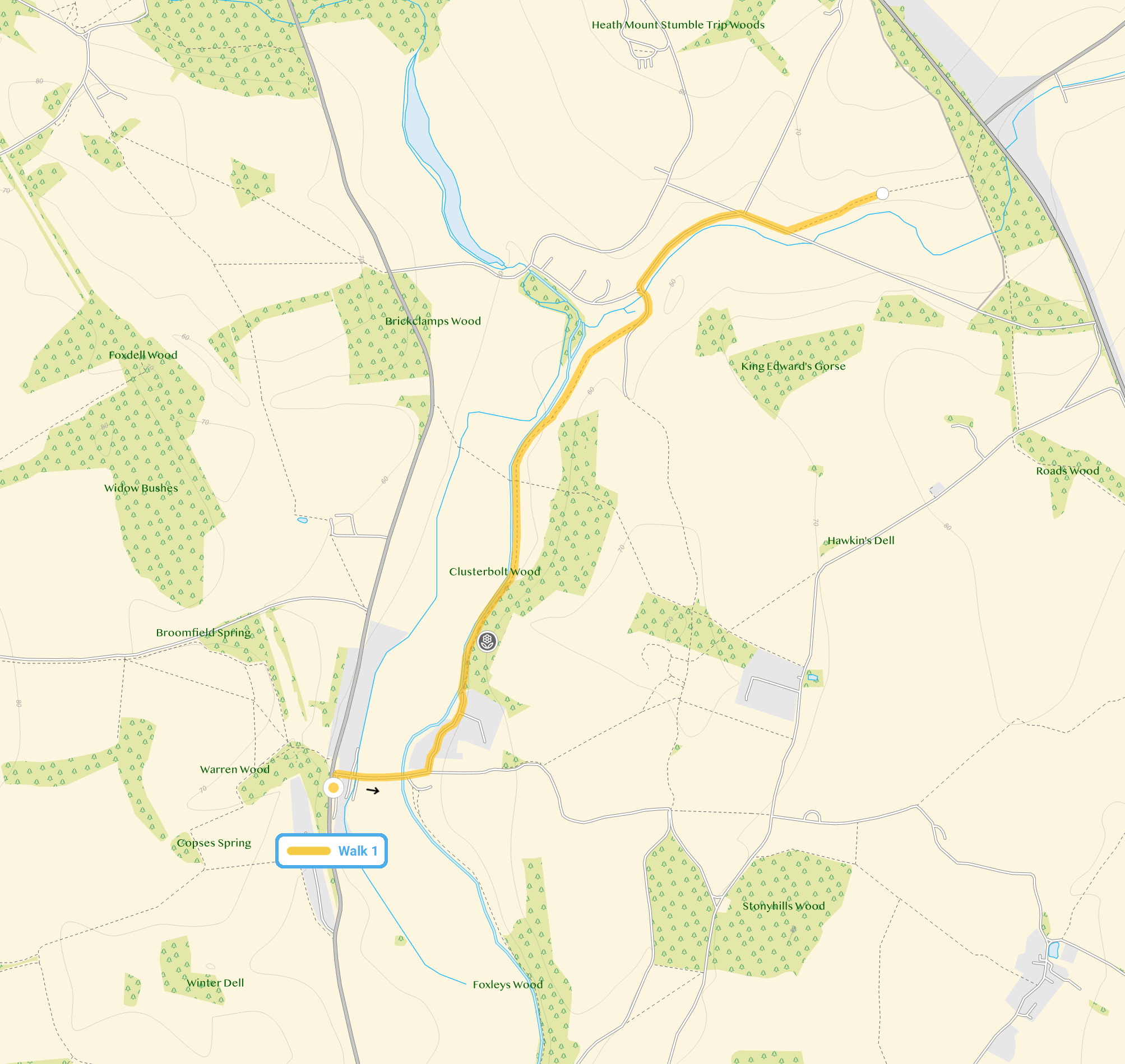 Route map for Stapleford Walk 1, a 3 mile circular walk in Hertfordshire
