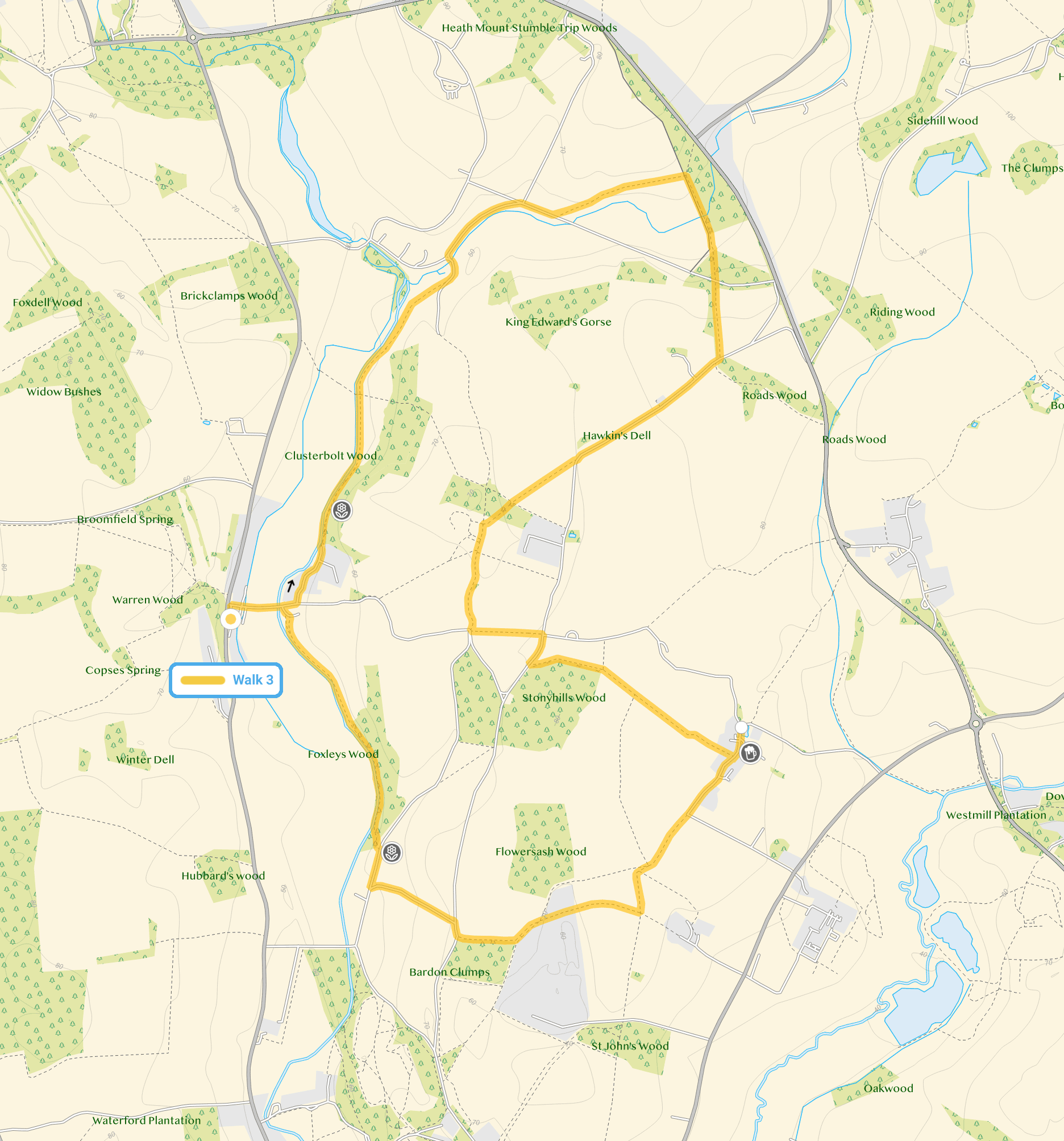 Route map for Stapleford Walk 3, a 6 mile circular walk in Hertfordshire