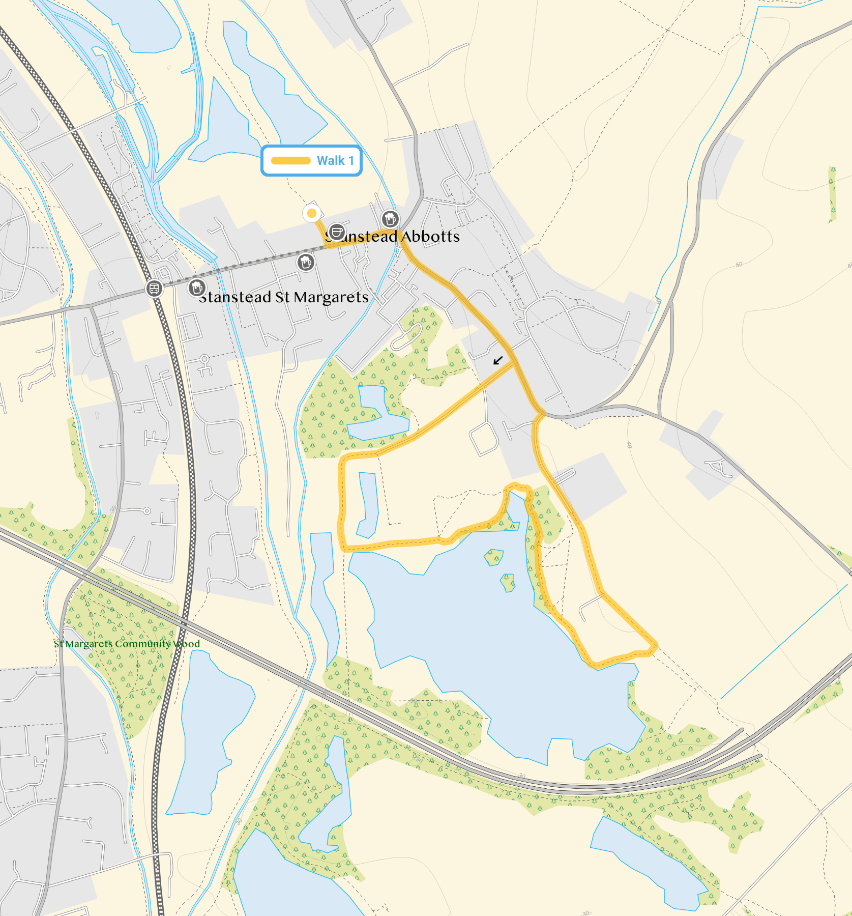 Route map for St Margarets Walk 1, a 2.25 mile circular walk in Hertfordshire