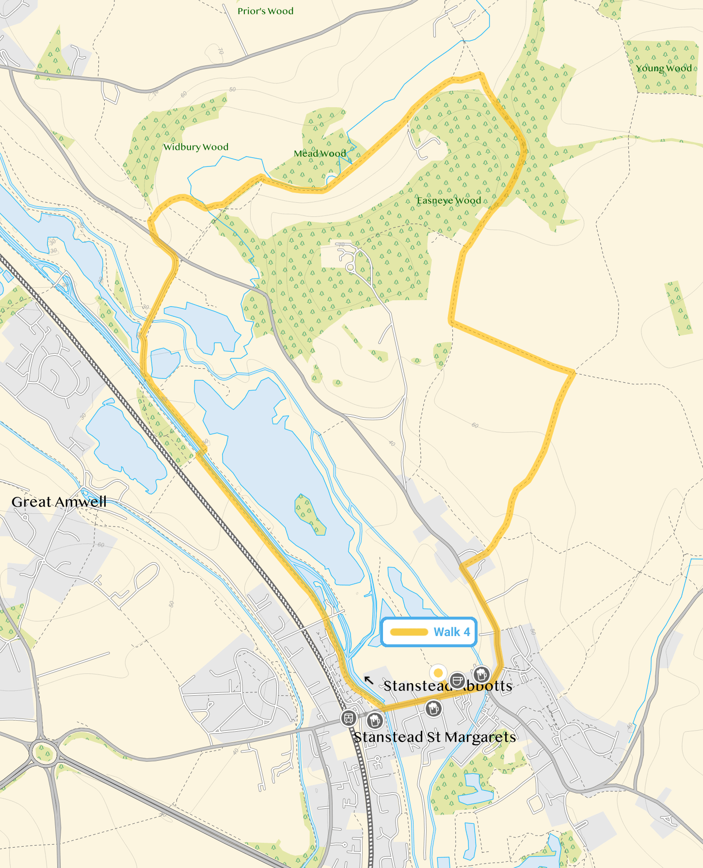 Route map for St Margarets Walk 4, a 4.25 mile circular walk in Hertfordshire