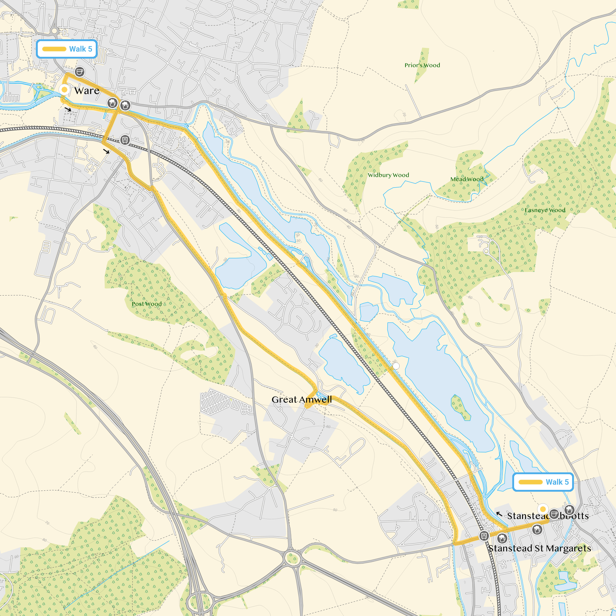 Route map for St Margarets Walk 5, a 5 mile circular walk in Hertfordshire