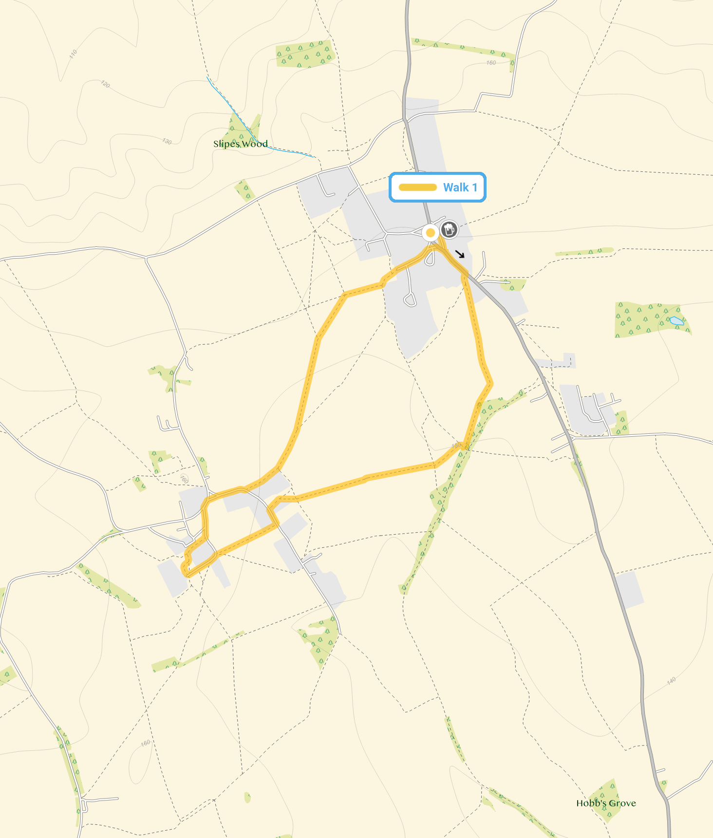 Route map for Therfield Walk 1, a 2 mile circular walk in Hertfordshire