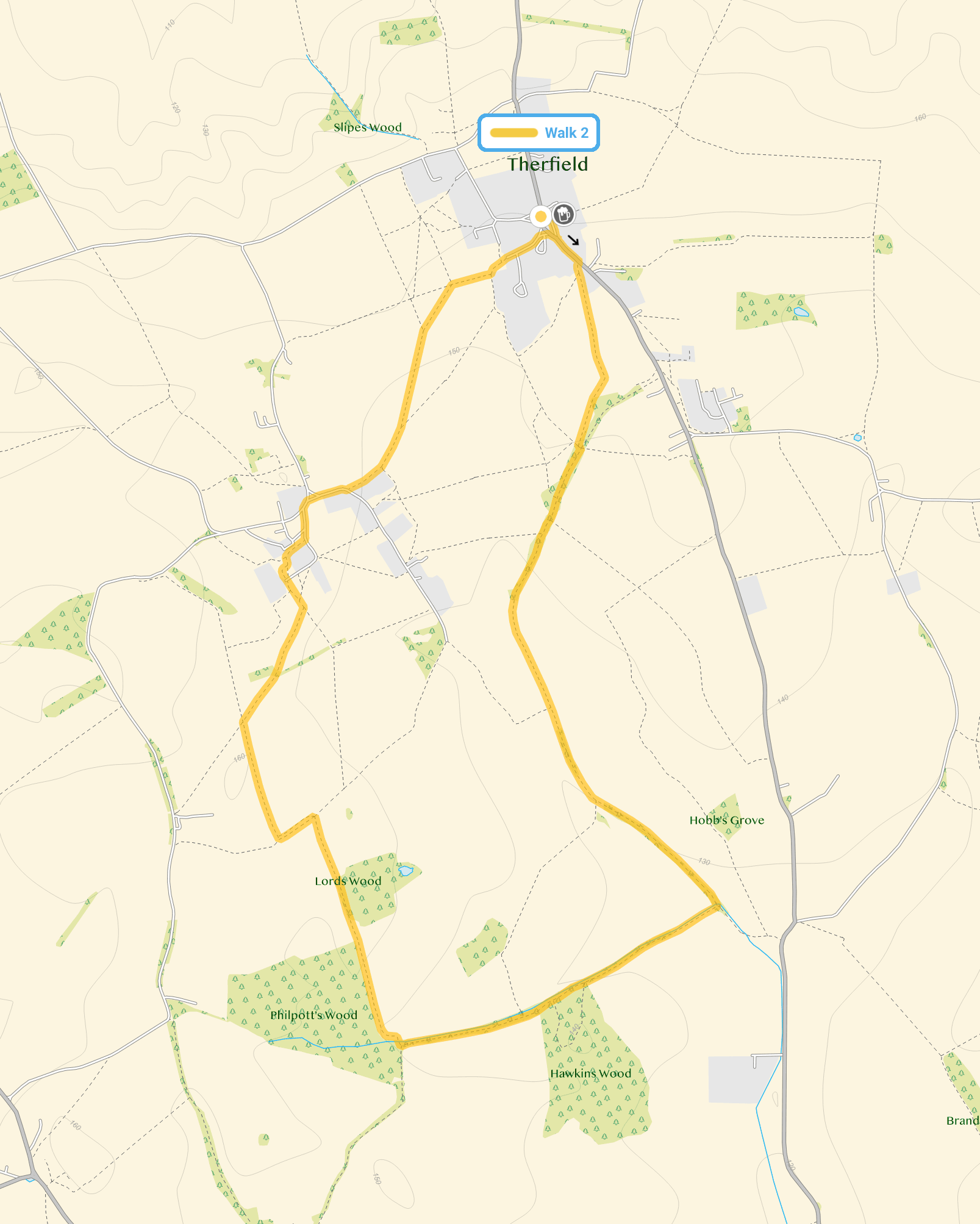 Route map for Therfield Walk 2, a 4 mile circular walk in Hertfordshire