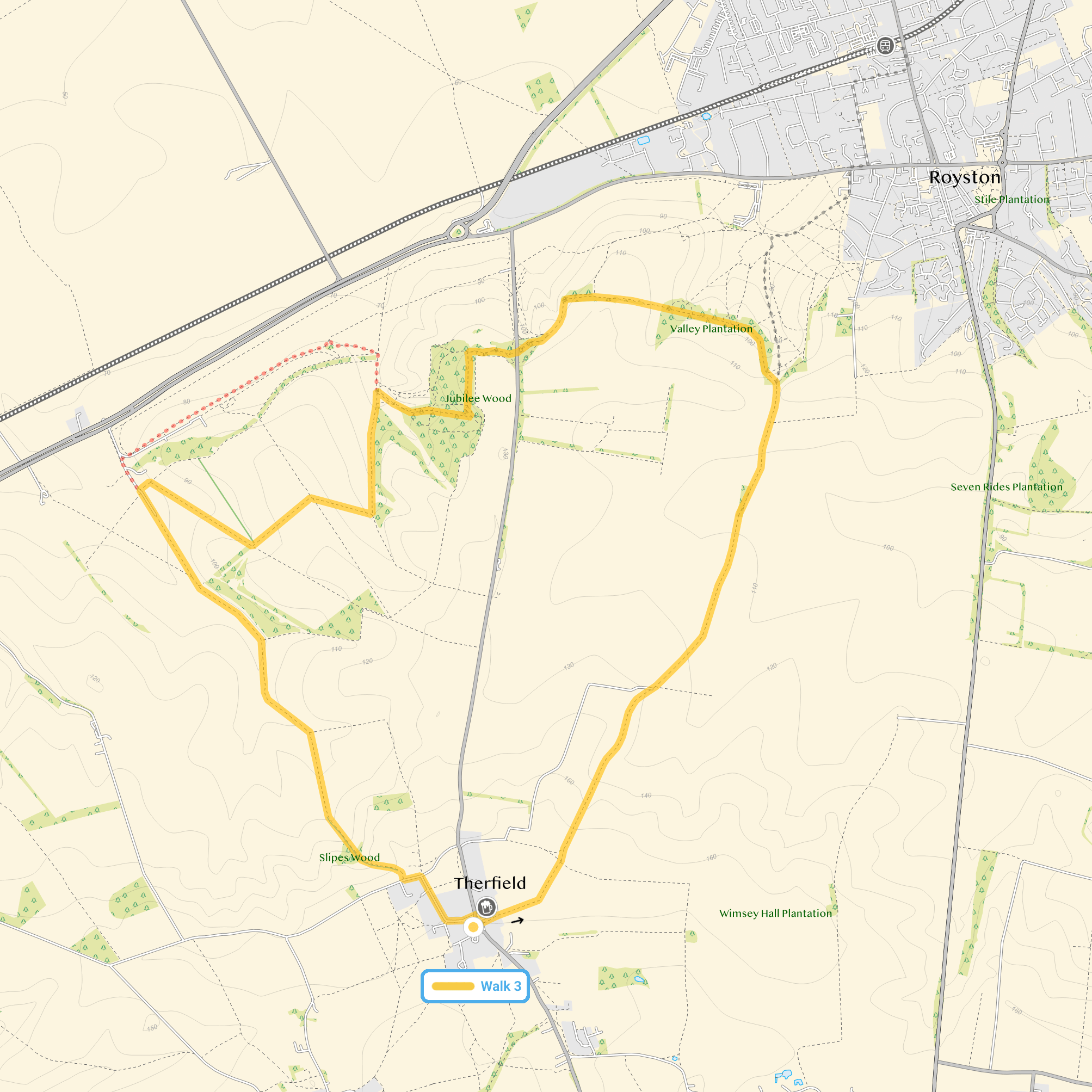 Route map for Therfield Walk 3, a 6.25 mile circular walk in Hertfordshire