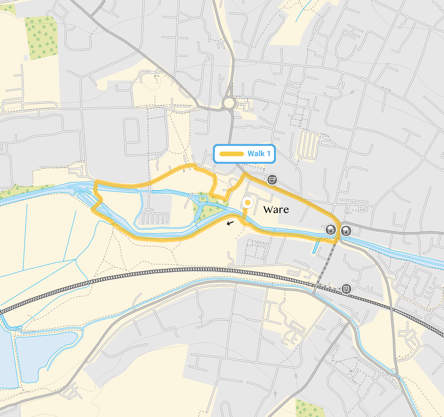 Route map for Ware short town and canal walk, a 1.5 mile circular walk in Hertfordshire