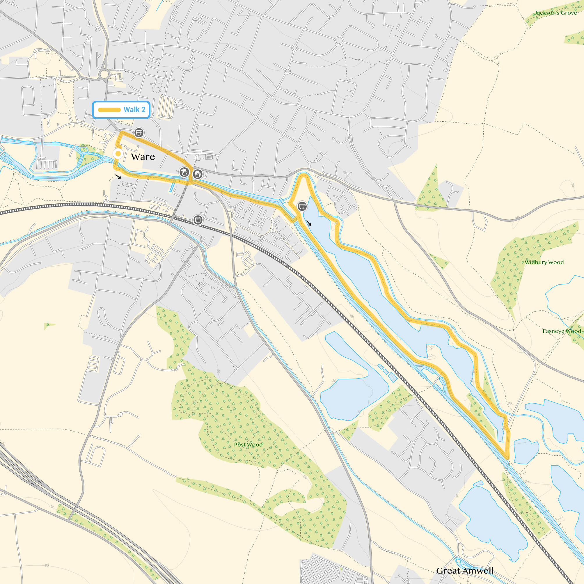 Route map for Ware, canal and Tumbling Bay Lake walk, a 3.25 mile circular walk in Hertfordshire