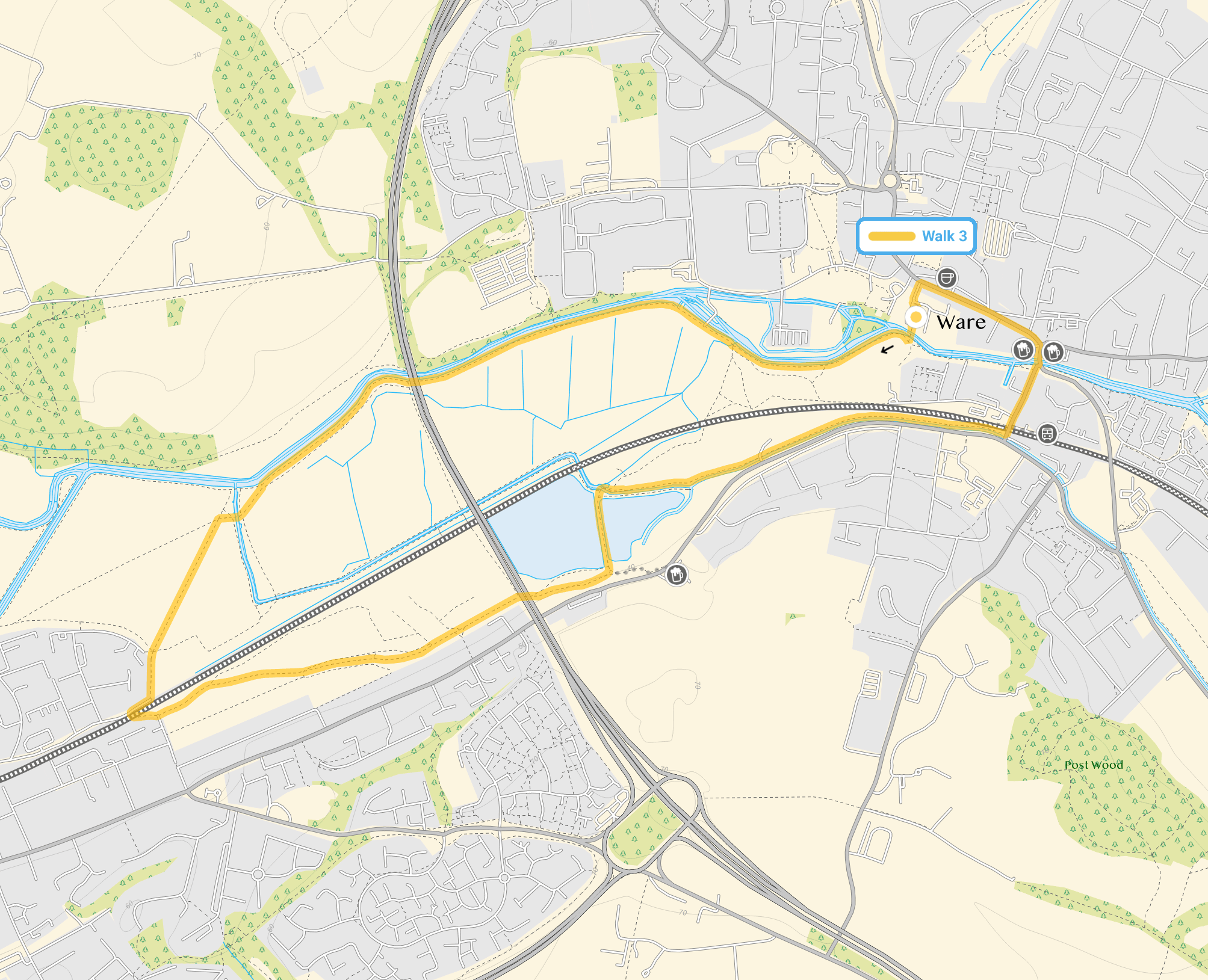 Route map for Ware to Hertford Lock canal walk, a 3.5 mile circular walk in Hertfordshire