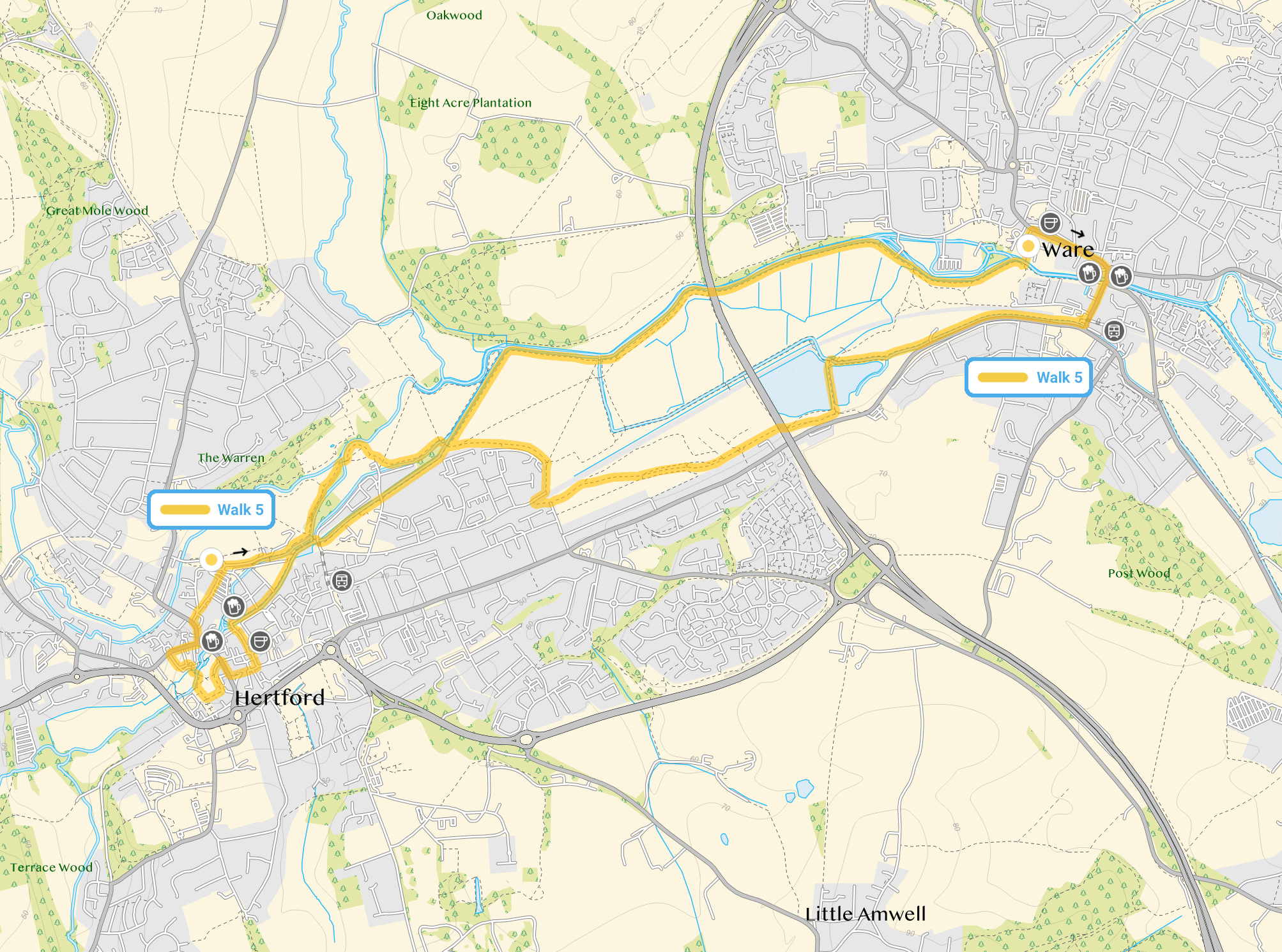 Route map for Ware to Hertford canal walk, a 6.25 mile circular walk in Hertfordshire