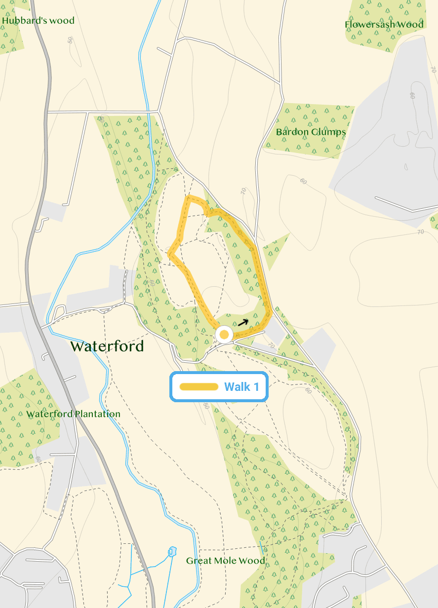 Route map for Waterford Heath Walk 1, a 0.75 mile circular walk in Hertfordshire