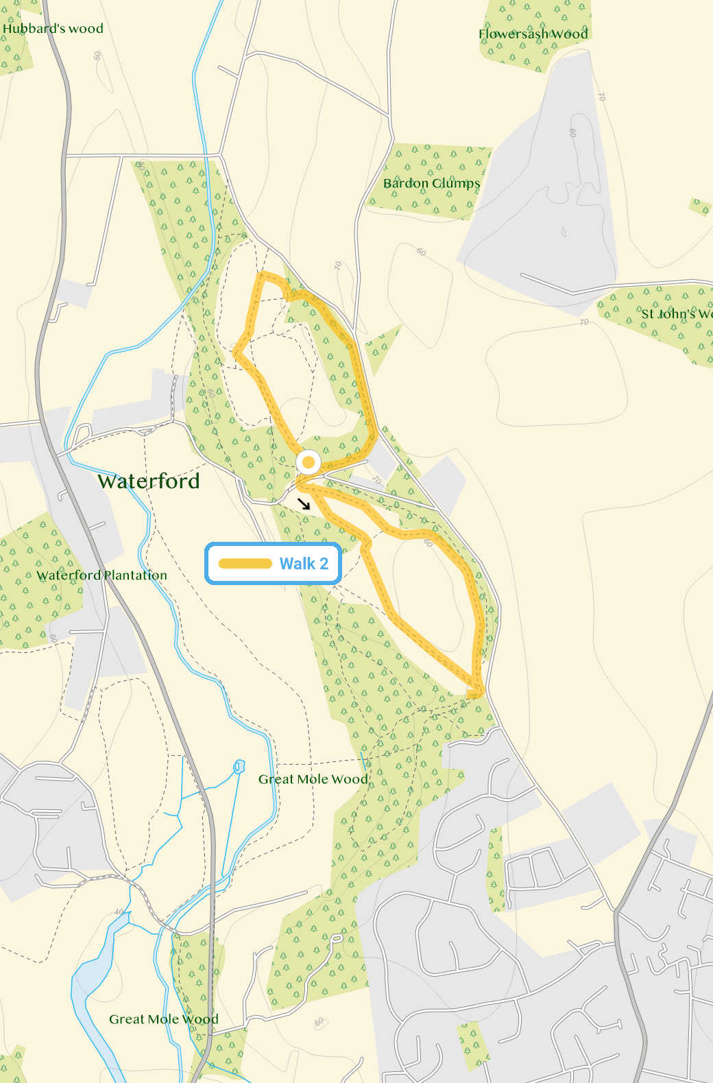 Route map for Waterford Heath Walk 2, a 1.5 mile circular walk in Hertfordshire