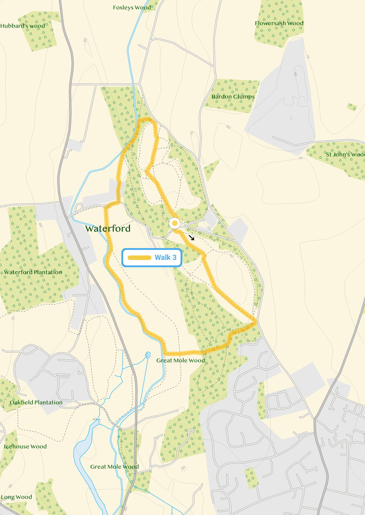 Route map for Waterford Heath Walk 3, a 2 mile circular walk in Hertfordshire