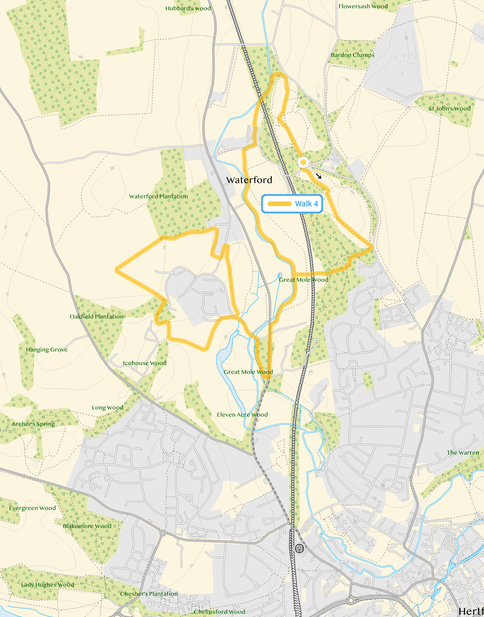 Route map for Waterford Heath Walk 4, a 5 mile circular walk in Hertfordshire