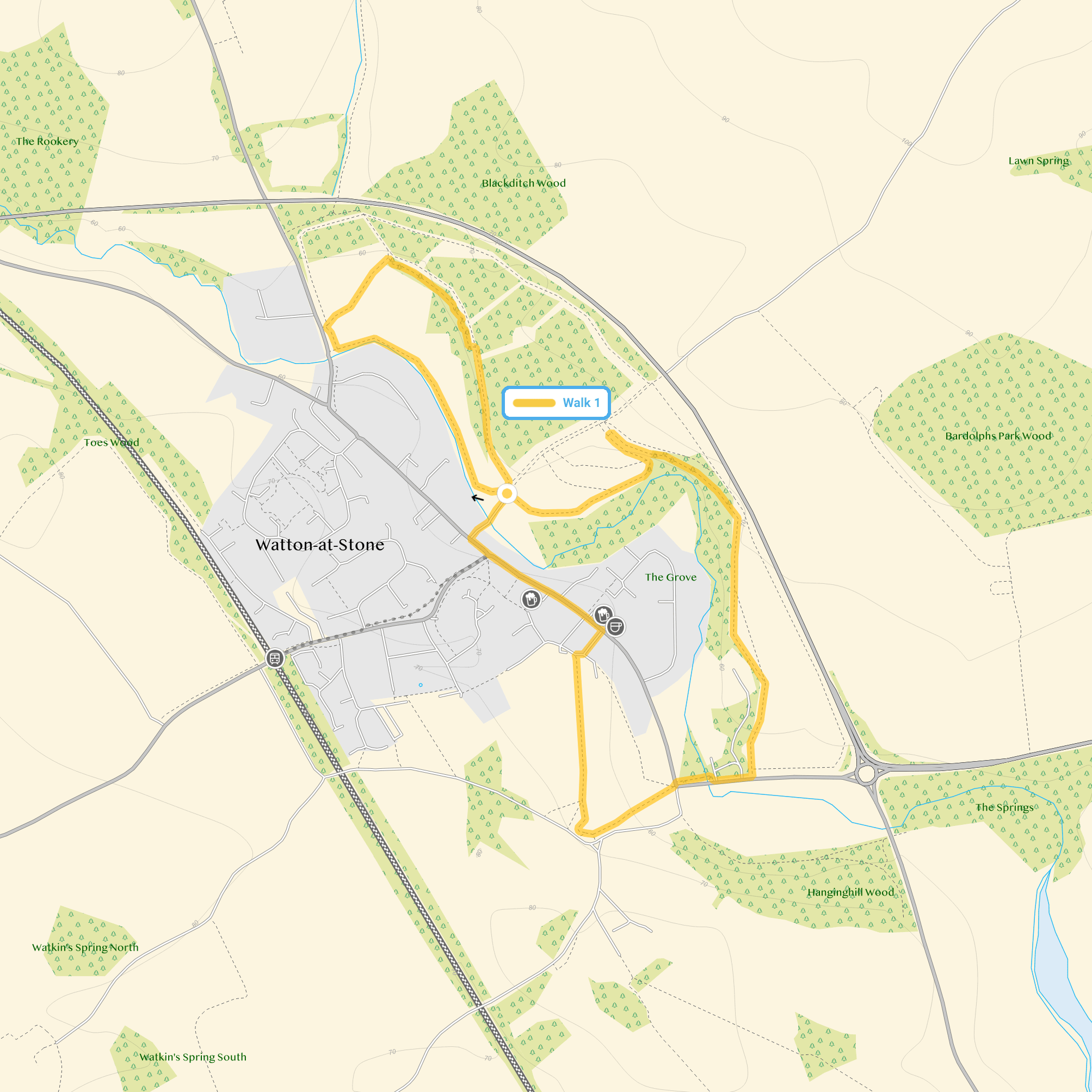 Route map for Watton at Stone Walk 1, a 2.25 mile circular walk in Hertfordshire
